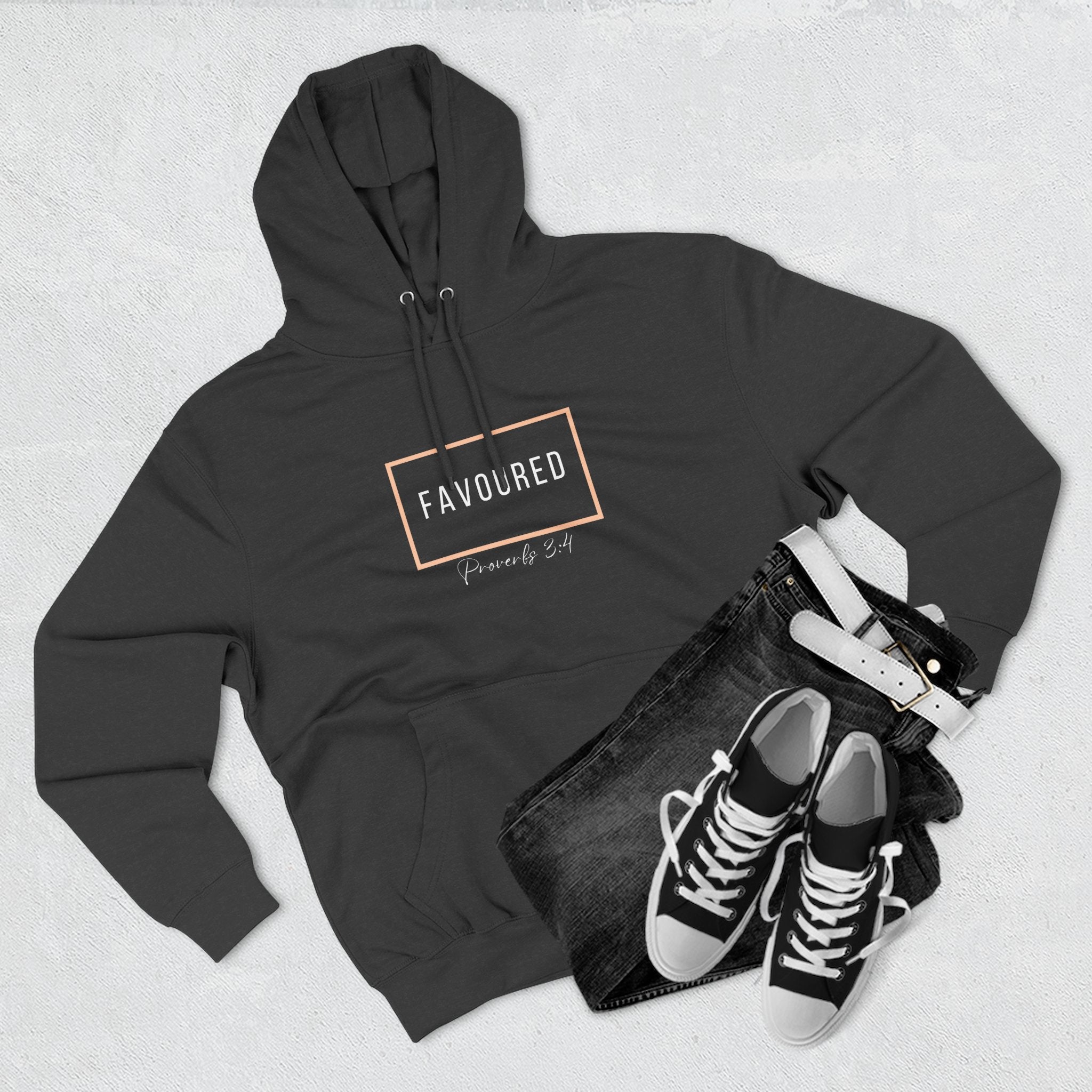 Favoured Christian Hoodie – Proverbs 3:4 Scripture Minimalist Hoodie | Faith-Based Unisex Fleece Pullover
