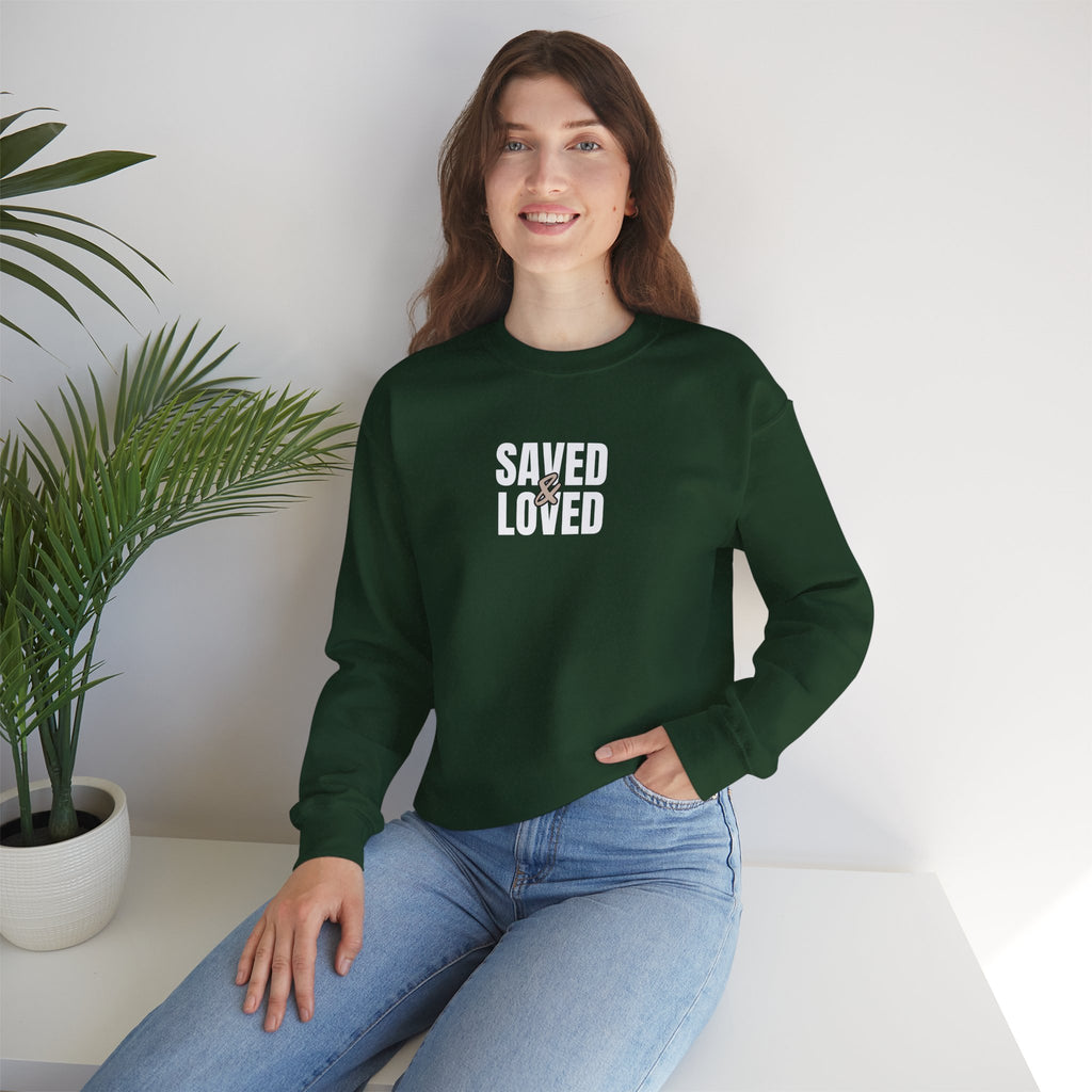 Saved & Loved Crewneck Sweatshirt — Psalm 91:16 Christian Faith Sweatshirt