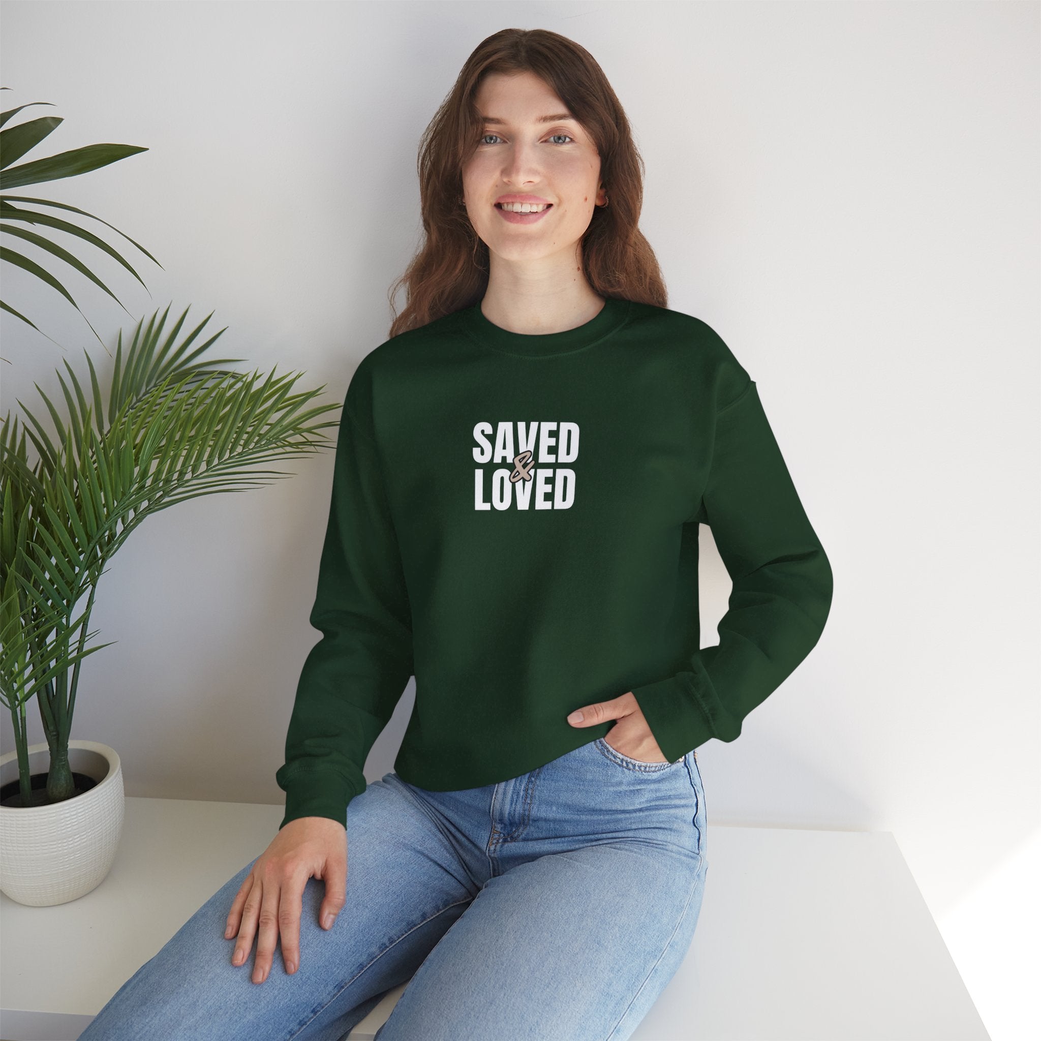 Saved & Loved Crewneck Sweatshirt — Psalm 91:16 Christian Faith Sweatshirt