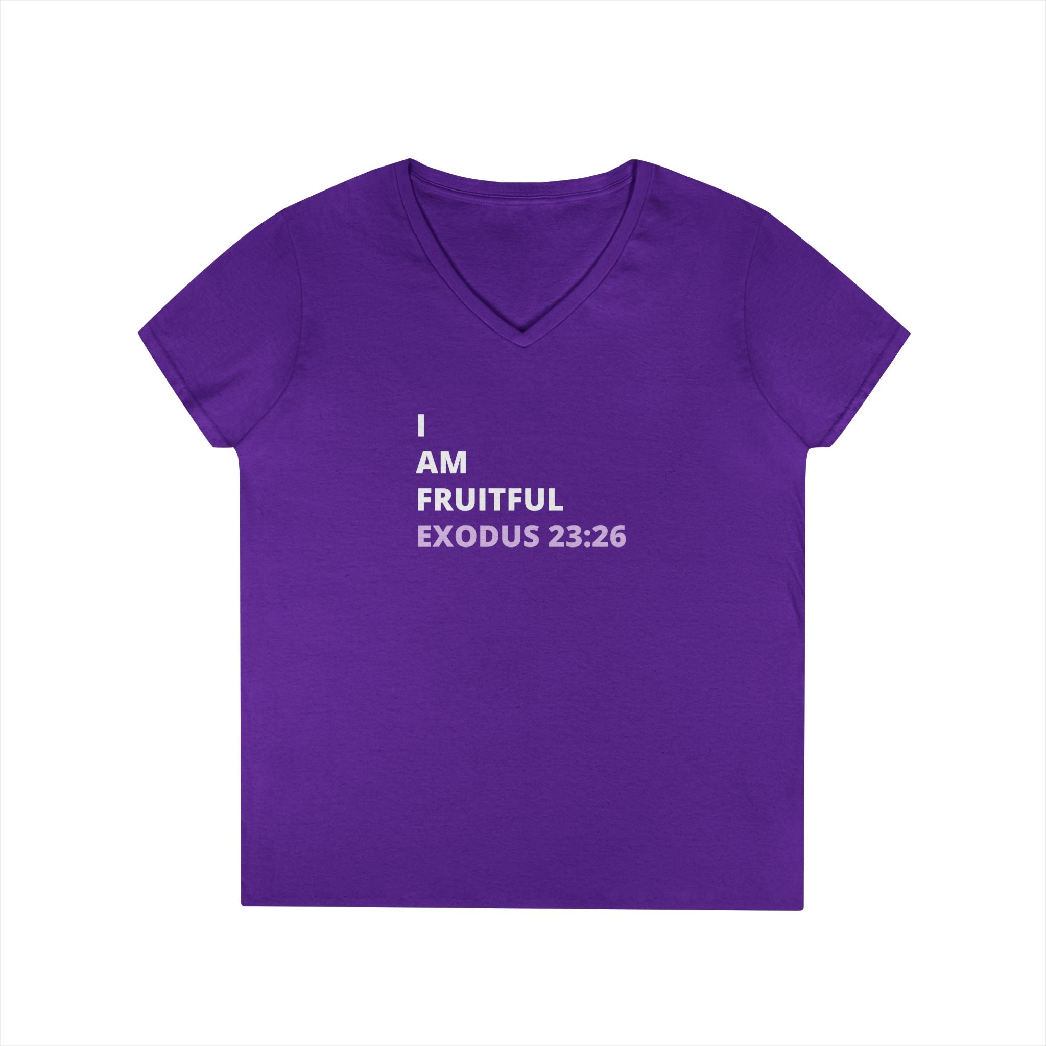 I Am Fruitful V-Neck T-Shirt – Christian Women’s Faith Tee (Exodus 23:26 Scripture)