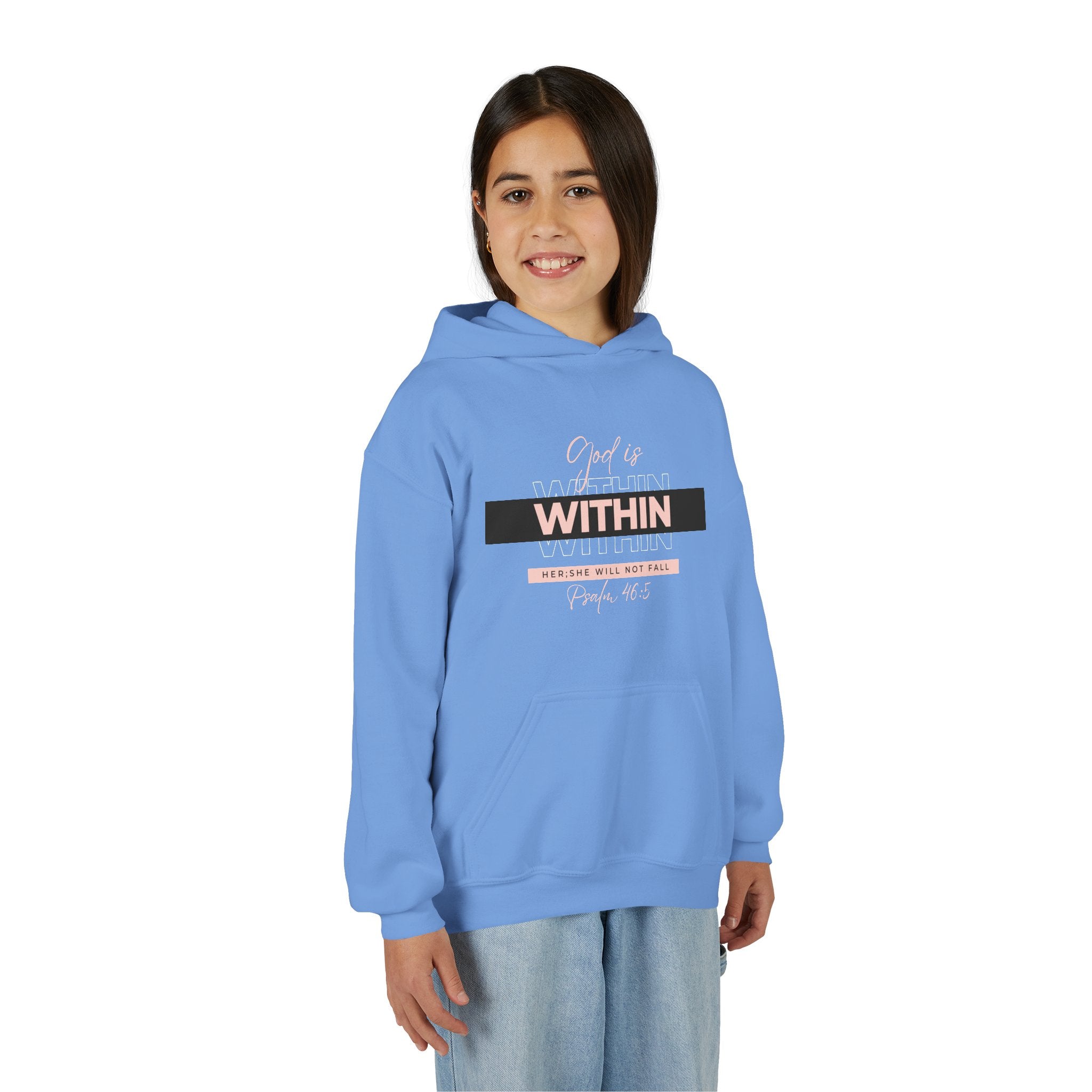 God Is Within Her Youth Hoodie — Psalm 46:5 Christian Hoodie for Girls | Inspirational Faith-Based Kids Pullover