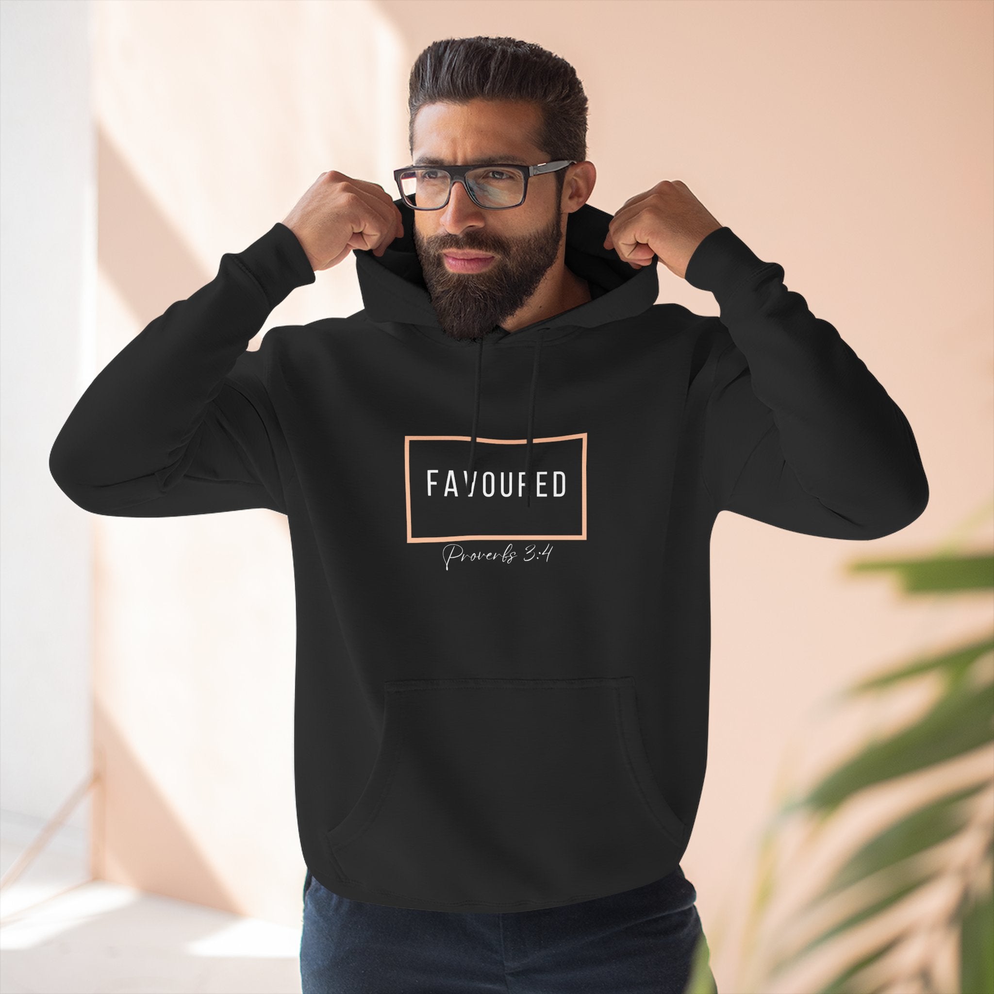 Favoured Christian Hoodie – Proverbs 3:4 Scripture Minimalist Hoodie | Faith-Based Unisex Fleece Pullover