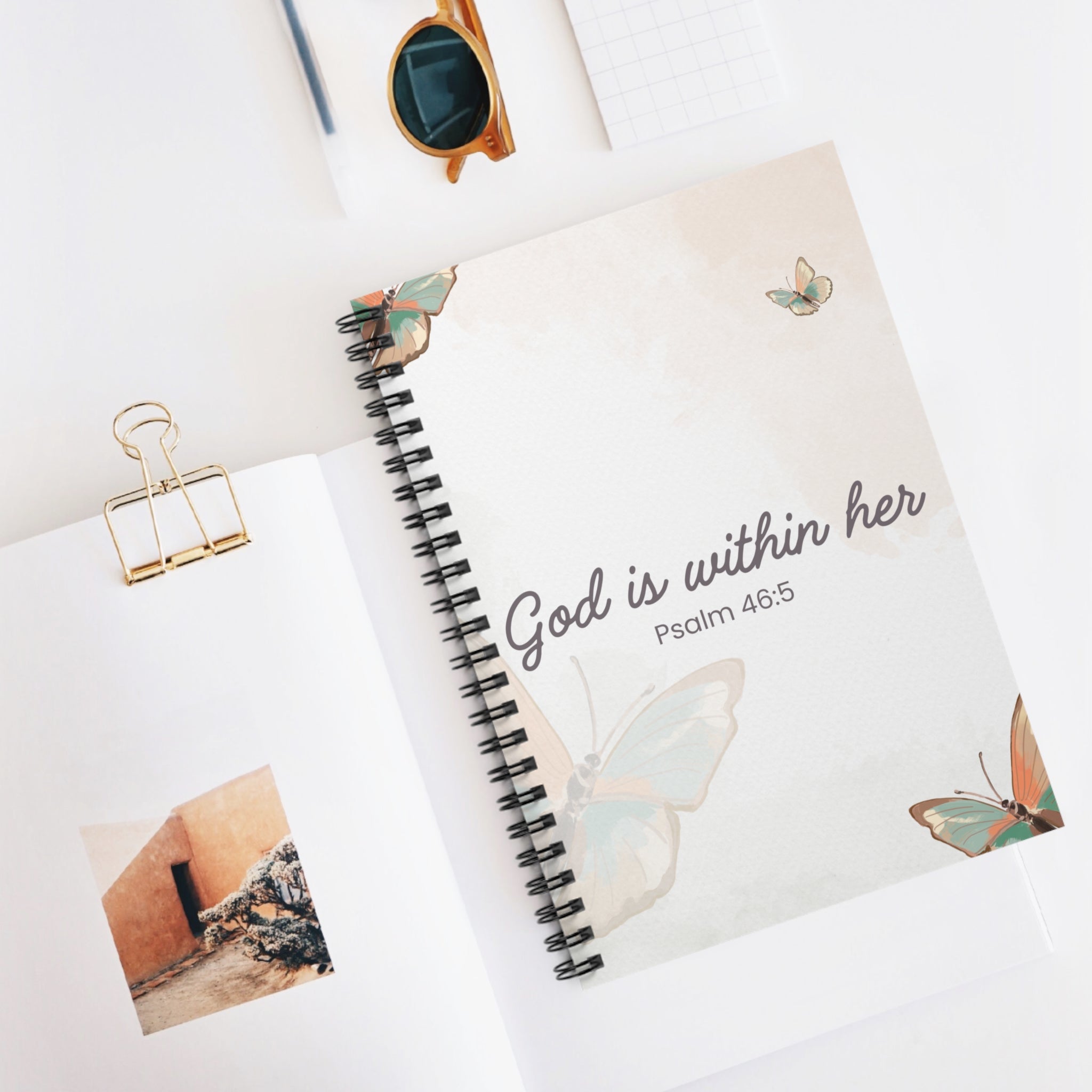 God Is Within Her Spiral Notebook — Psalm 46:5 Floral Butterfly Christian Journal for Women