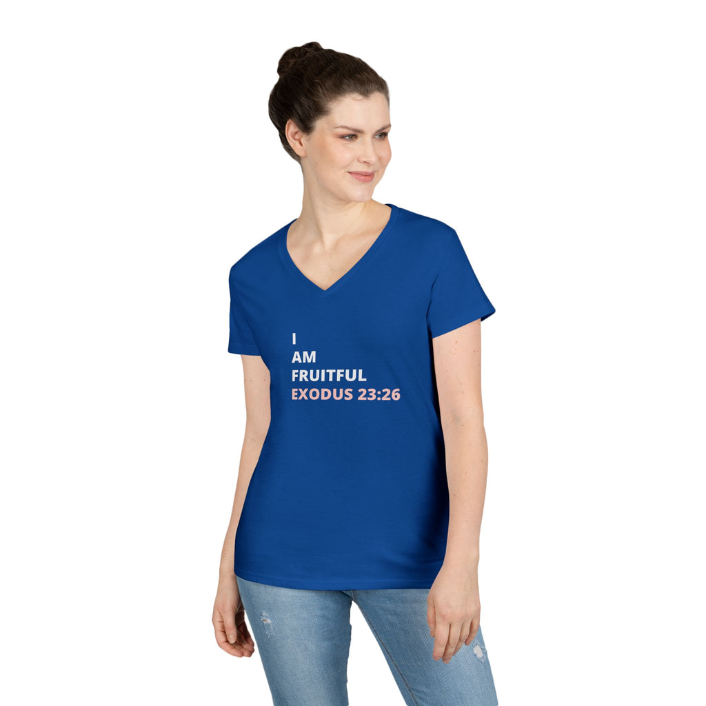 I Am Fruitful V-Neck T-Shirt – Christian Women’s Faith Tee (Exodus 23:26 Scripture)