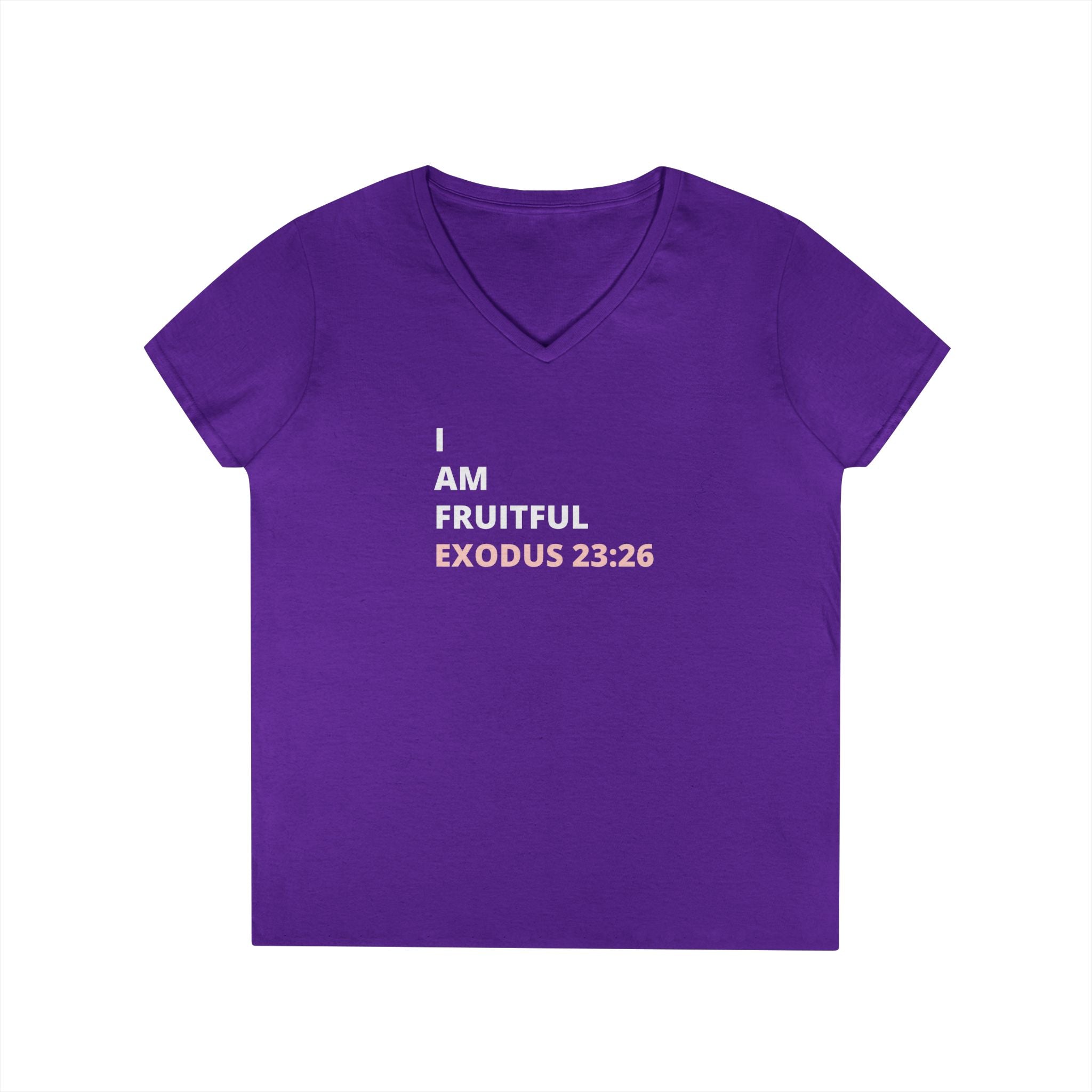 I Am Fruitful V-Neck T-Shirt – Christian Women’s Faith Tee (Exodus 23:26 Scripture)