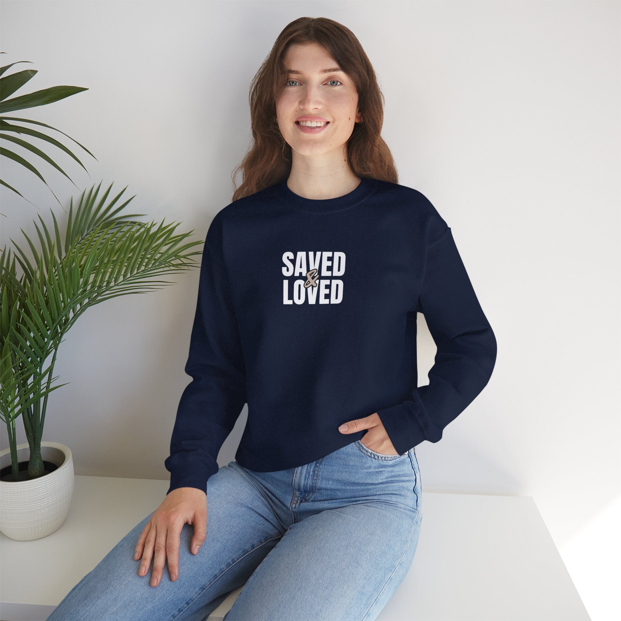 Saved & Loved Crewneck Sweatshirt — Psalm 91:16 Christian Faith Sweatshirt