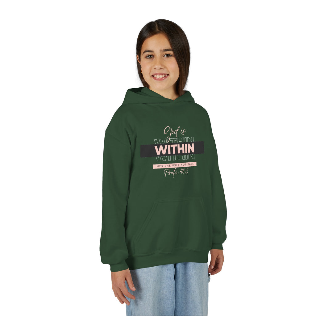 God Is Within Her Youth Hoodie — Psalm 46:5 Christian Hoodie for Girls | Inspirational Faith-Based Kids Pullover