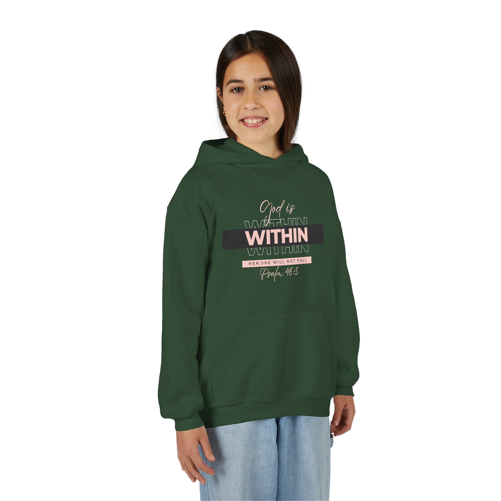 God Is Within Her Youth Hoodie — Psalm 46:5 Christian Hoodie for Girls | Inspirational Faith-Based Kids Pullover