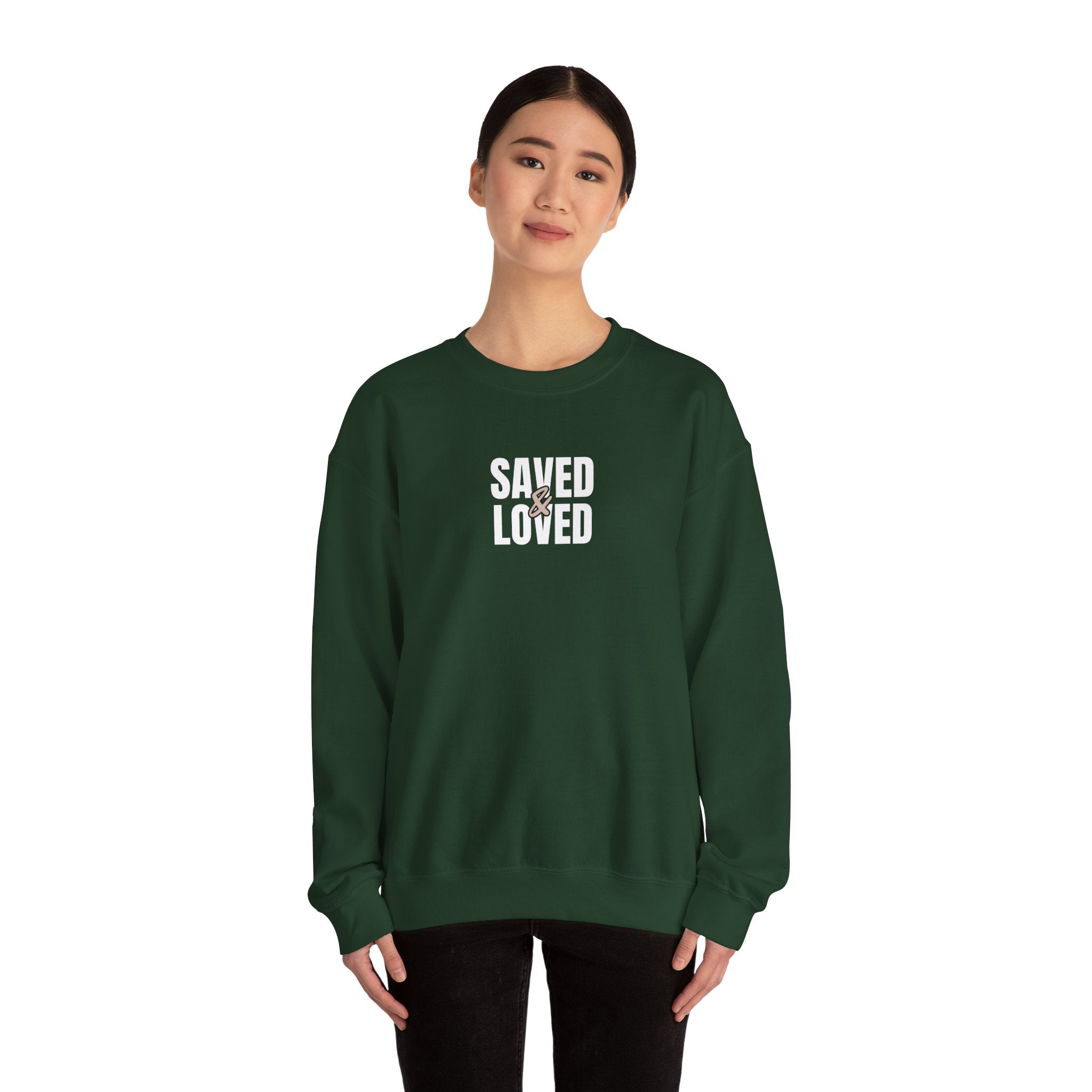 Saved & Loved Crewneck Sweatshirt — Psalm 91:16 Christian Faith Sweatshirt