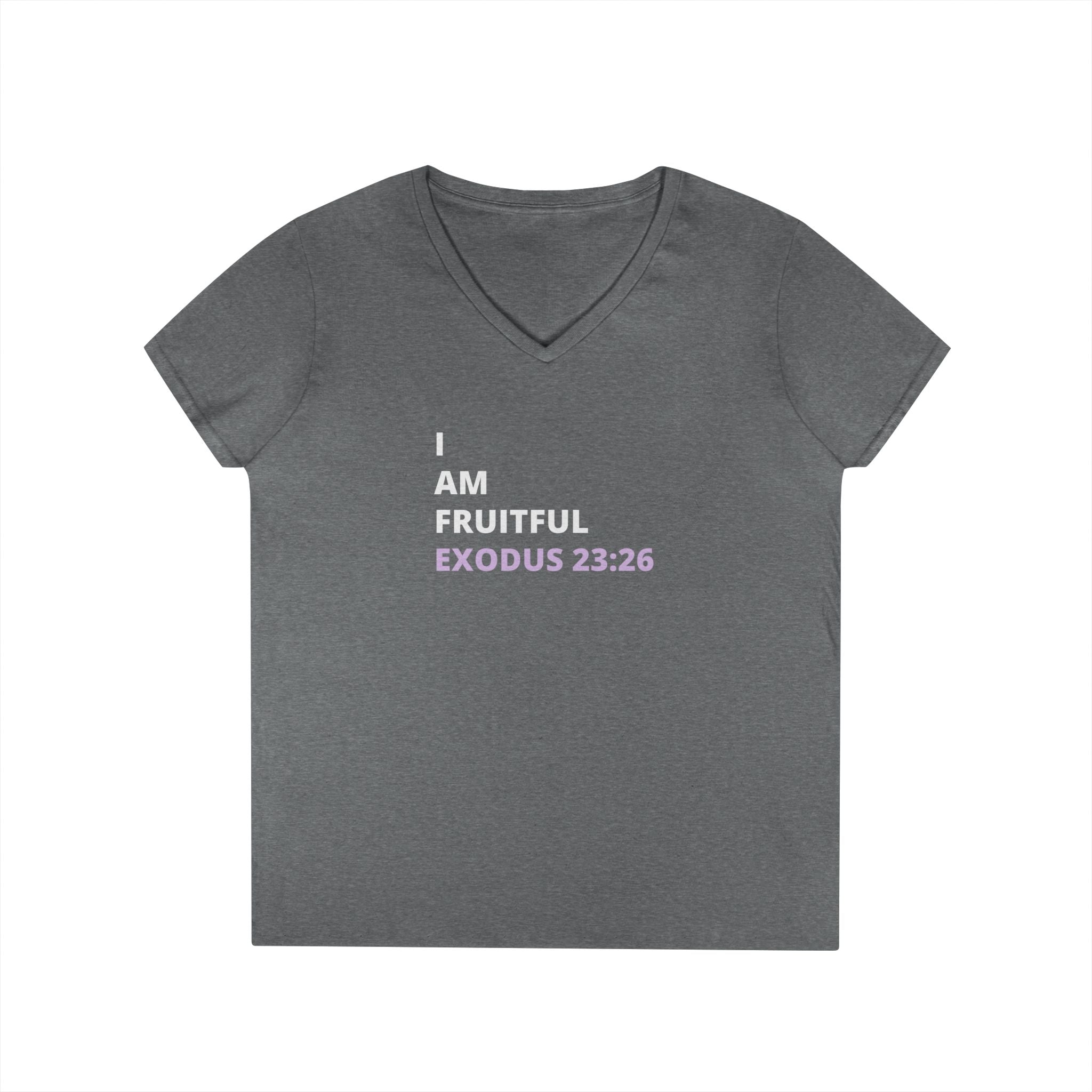 I Am Fruitful V-Neck T-Shirt – Christian Women’s Faith Tee (Exodus 23:26 Scripture)
