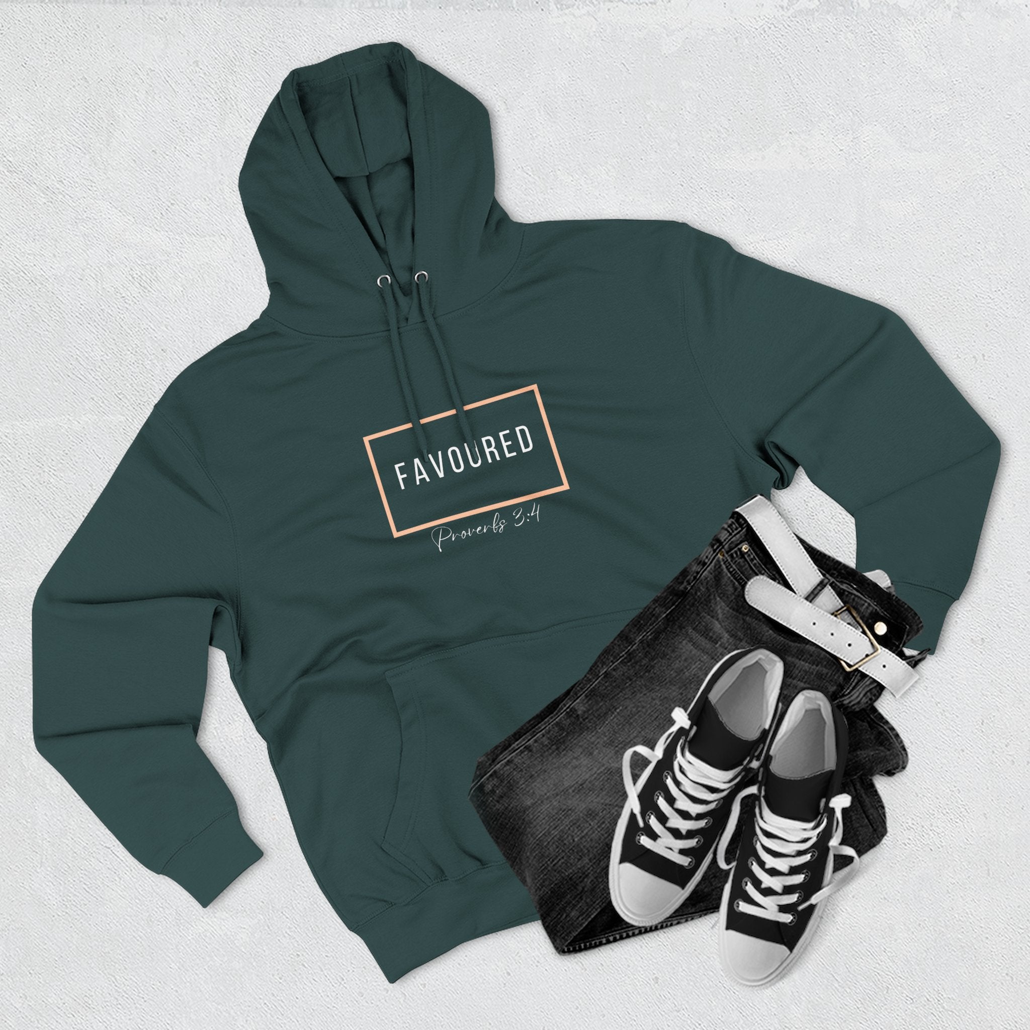 Favoured Christian Hoodie – Proverbs 3:4 Scripture Minimalist Hoodie | Faith-Based Unisex Fleece Pullover