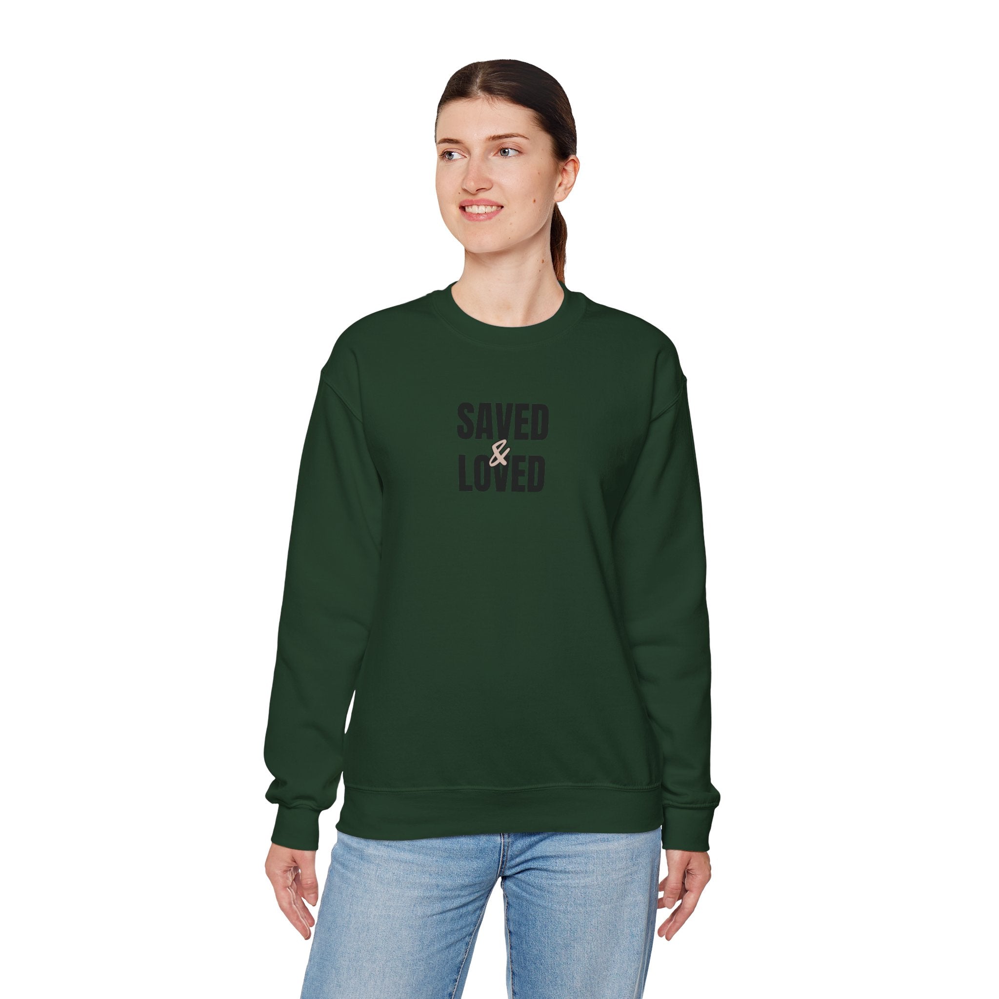 Saved & Loved Crewneck Sweatshirt — Psalm 91:16 Christian Faith Sweatshirt