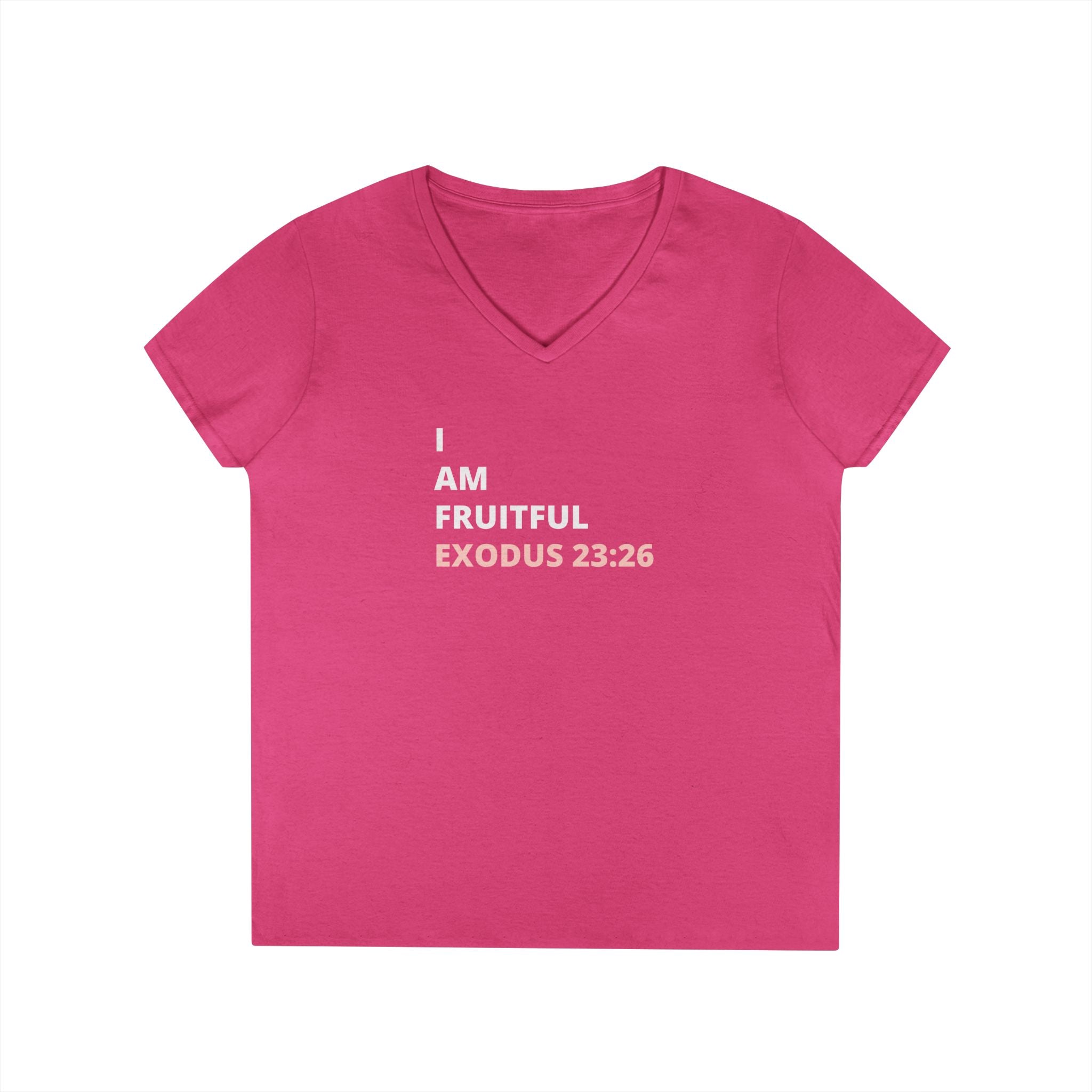 I Am Fruitful V-Neck T-Shirt – Christian Women’s Faith Tee (Exodus 23:26 Scripture)