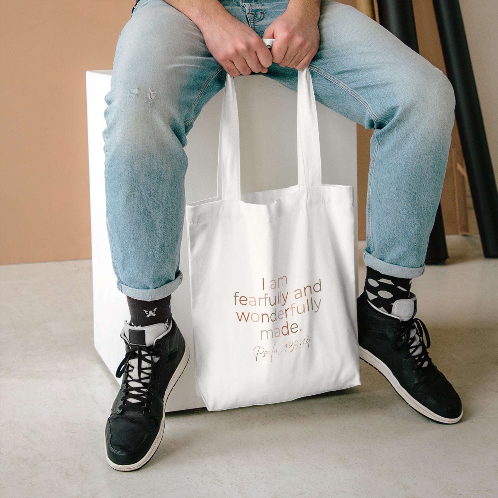 Fearfully & Wonderfully Made Tote Bag — Psalm 139:14 Christian Cotton Canvas Bag (Inspirational Scripture Tote)