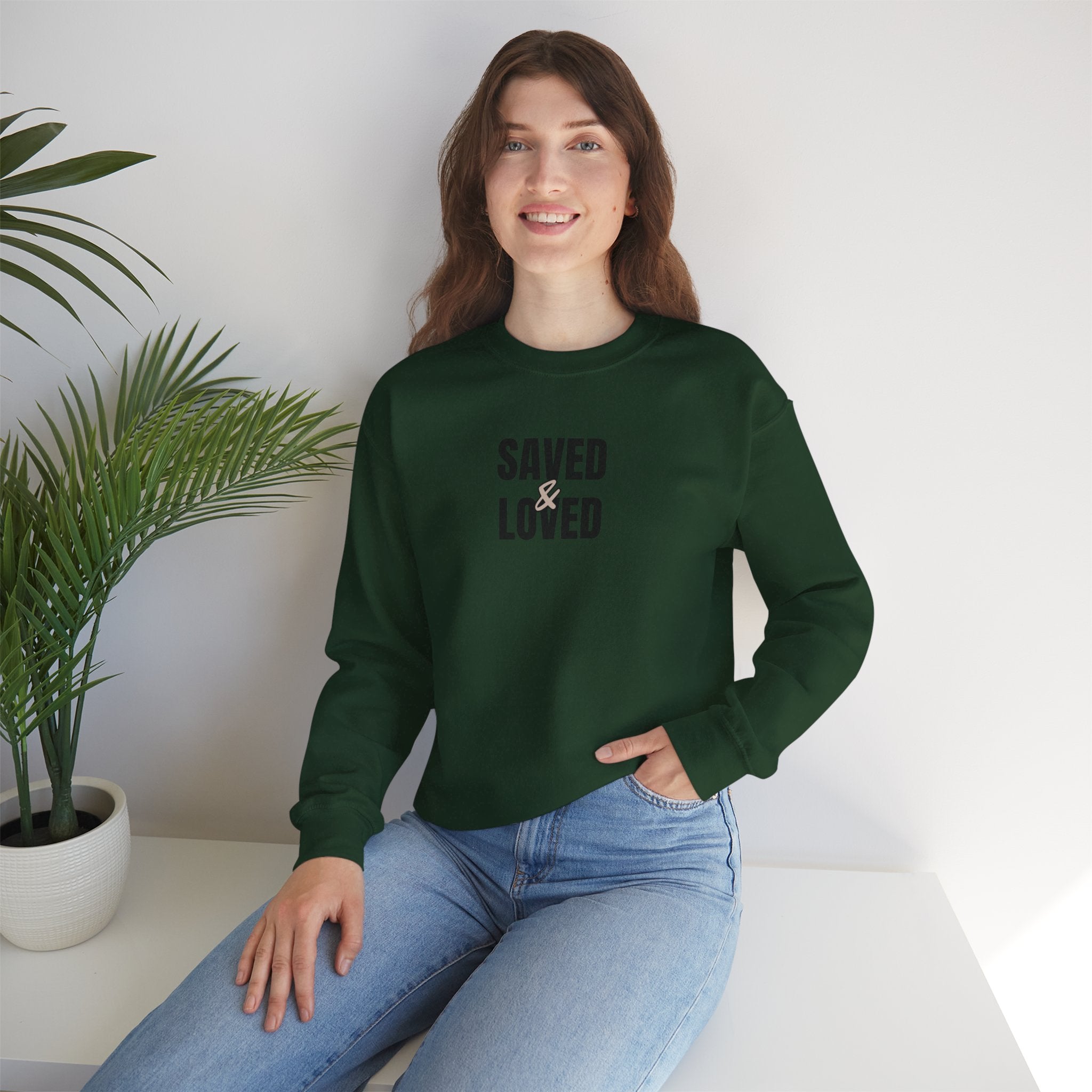 Saved & Loved Crewneck Sweatshirt — Psalm 91:16 Christian Faith Sweatshirt