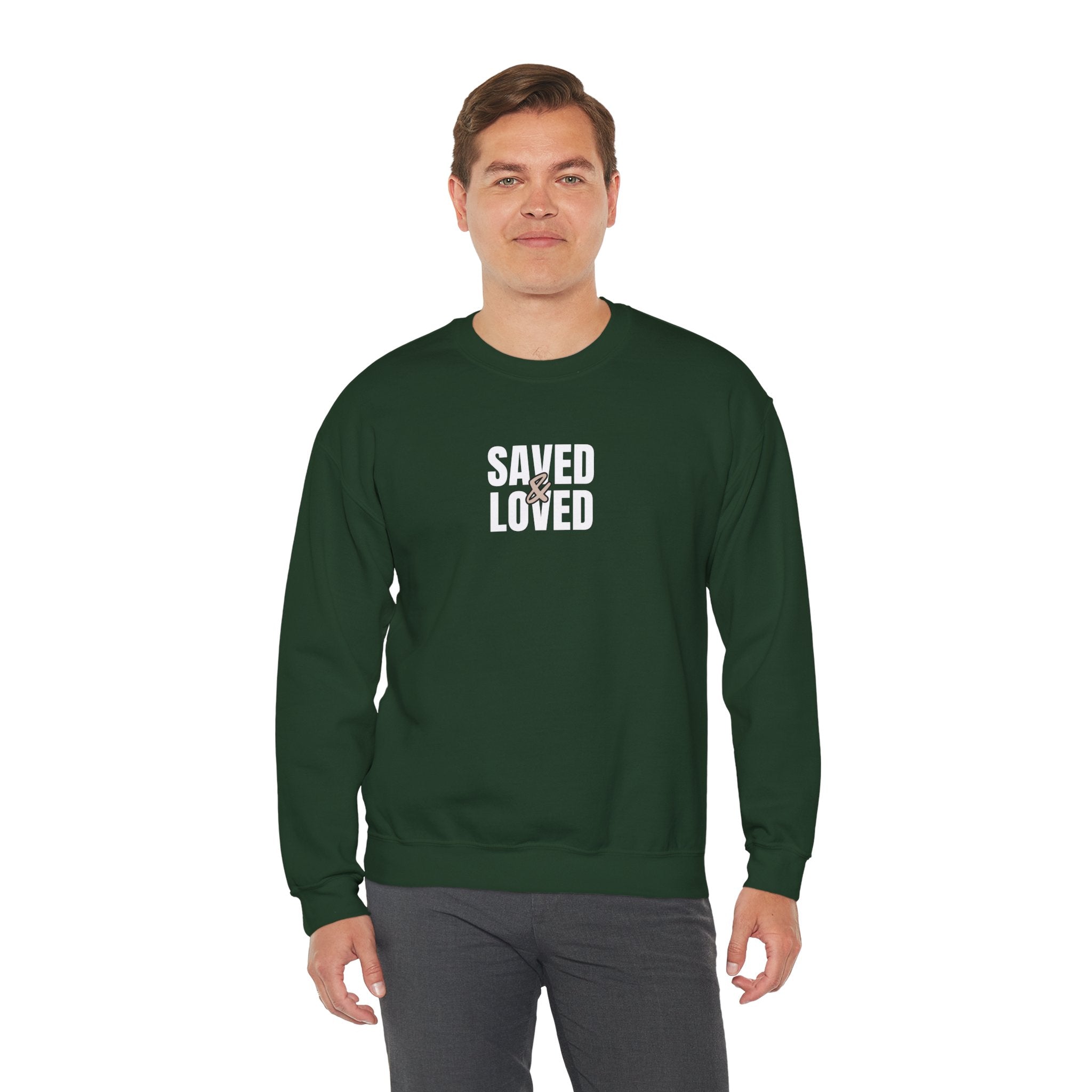 Saved & Loved Crewneck Sweatshirt — Psalm 91:16 Christian Faith Sweatshirt