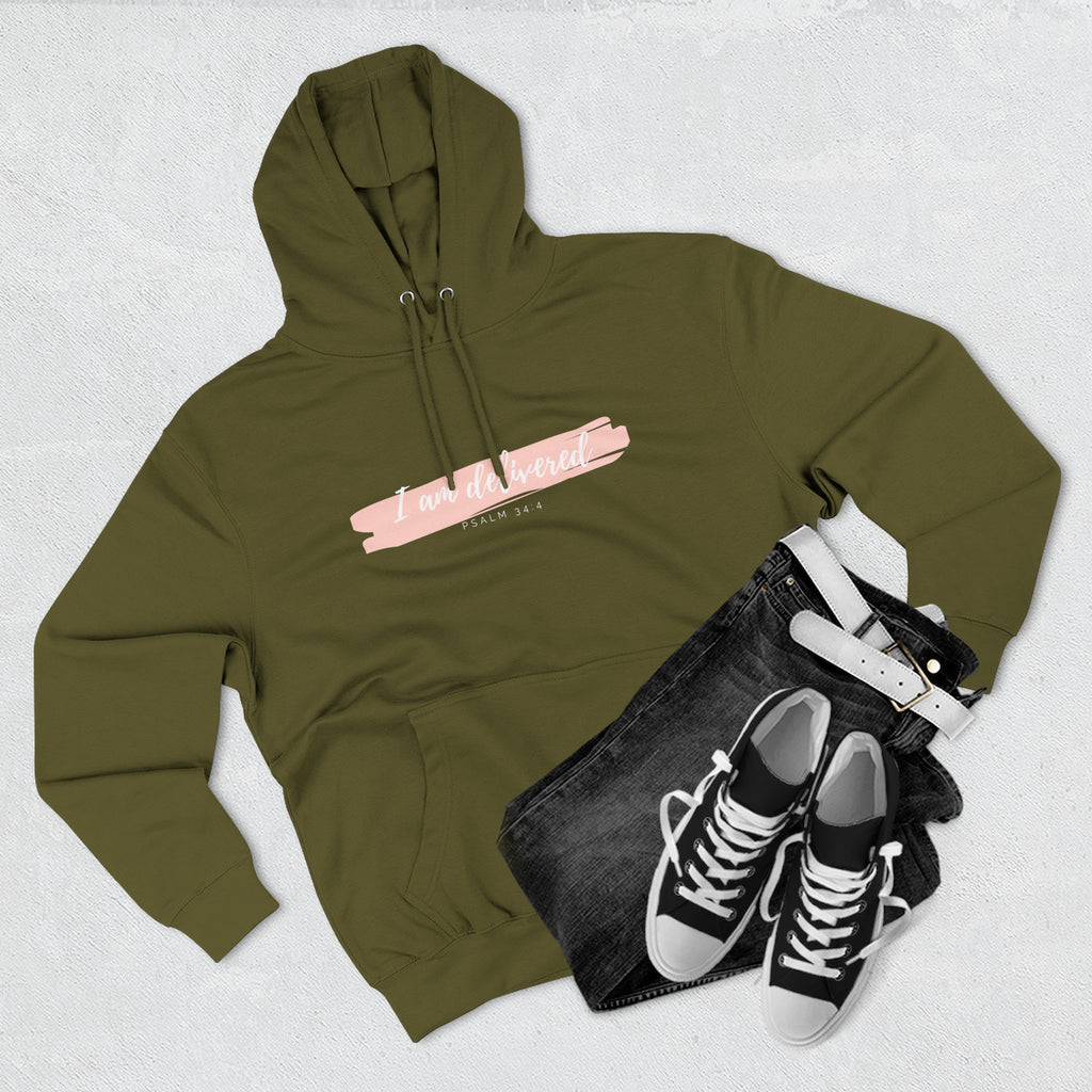 I Am Delivered Christian Hoodie — Psalm 34:4 Faith Hoodie | Inspirational Scripture Pullover | Unisex Christian Apparel