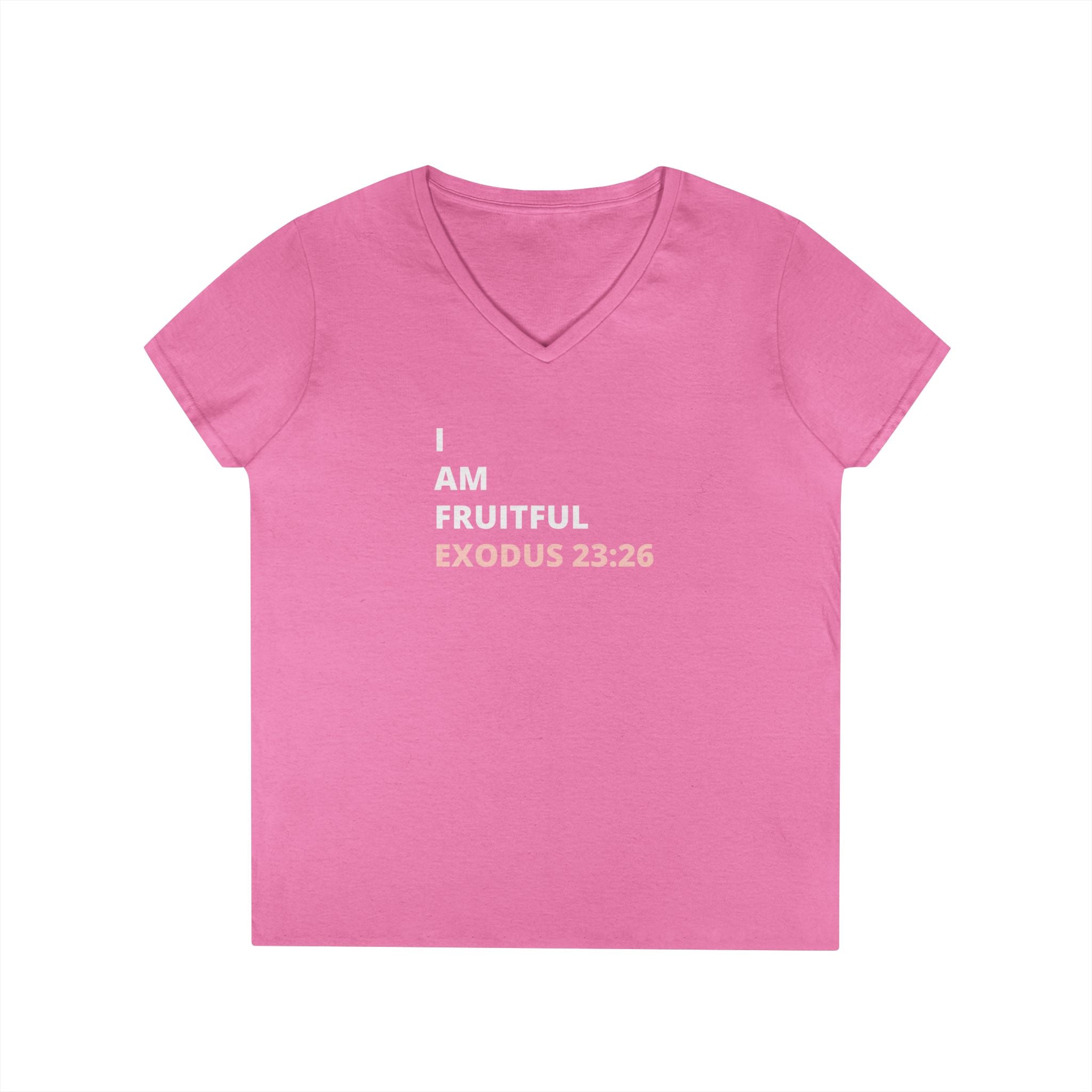 I Am Fruitful V-Neck T-Shirt – Christian Women’s Faith Tee (Exodus 23:26 Scripture)