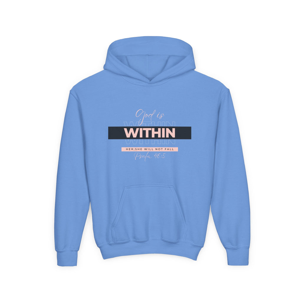 God Is Within Her Youth Hoodie — Psalm 46:5 Christian Hoodie for Girls | Inspirational Faith-Based Kids Pullover