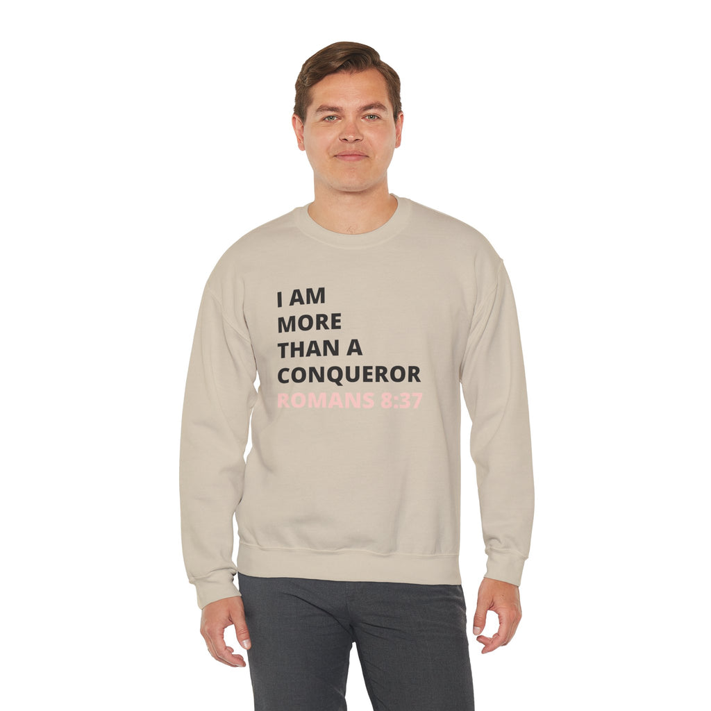 I Am More Than a Conqueror Sweatshirt — Romans 8:37 Christian Crewneck | Faith-Based Unisex Pullover | Inspirational Scripture Sweatshirt