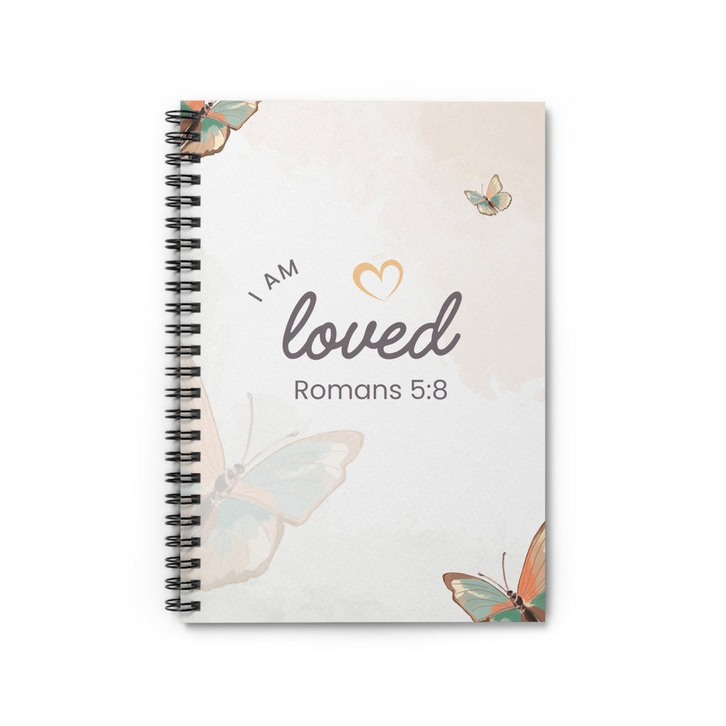 I Am Loved Romans 5:8 Spiral Notebook – Christian Prayer Journal with Butterfly Design