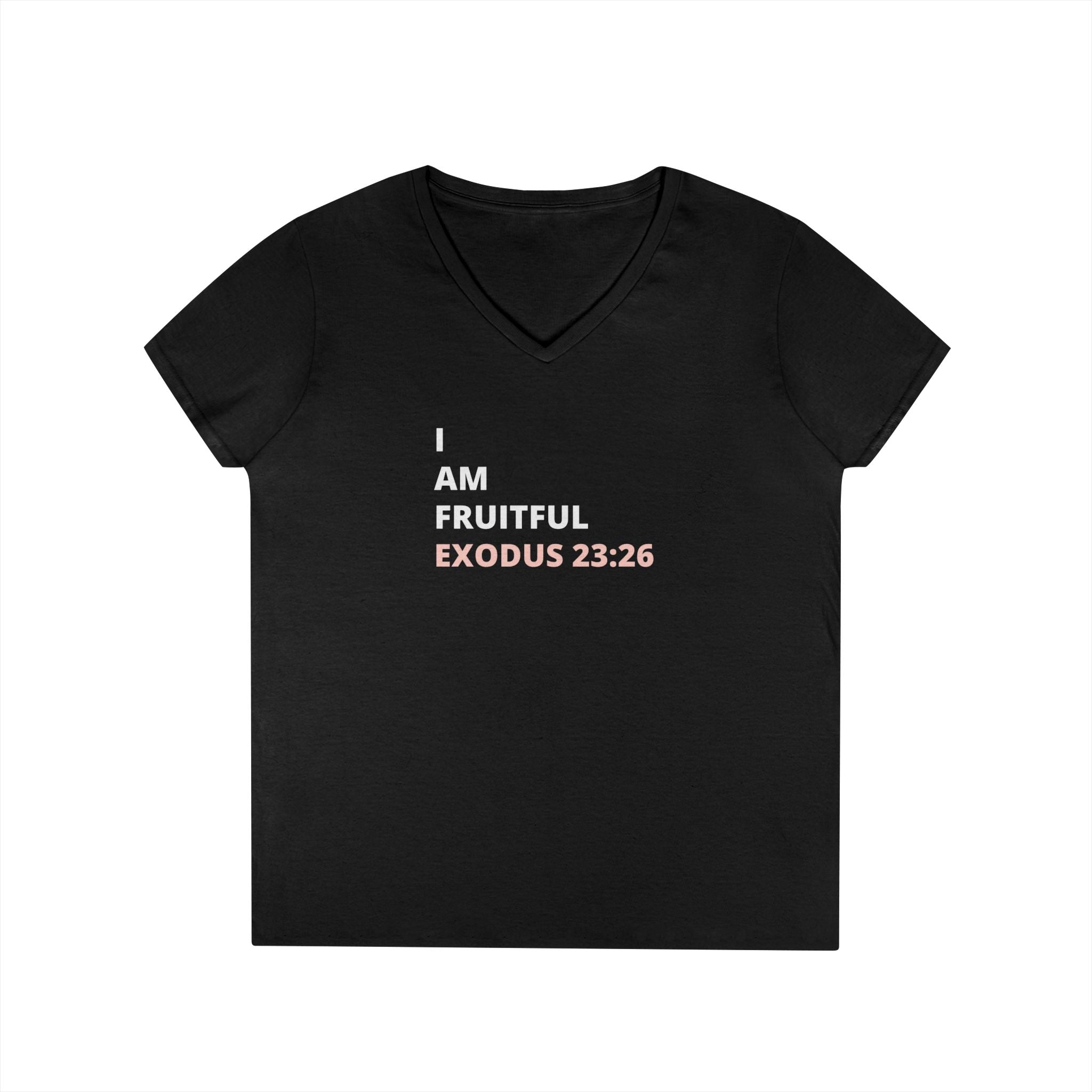 I Am Fruitful V-Neck T-Shirt – Christian Women’s Faith Tee (Exodus 23:26 Scripture)