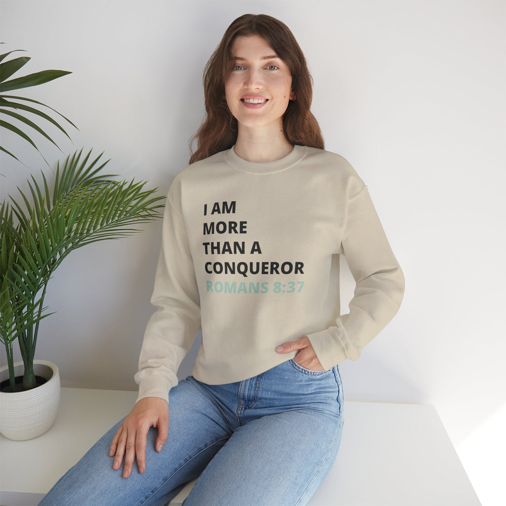 I Am More Than a Conqueror Sweatshirt — Romans 8:37 Christian Crewneck | Faith-Based Unisex Pullover | Inspirational Scripture Sweatshirt