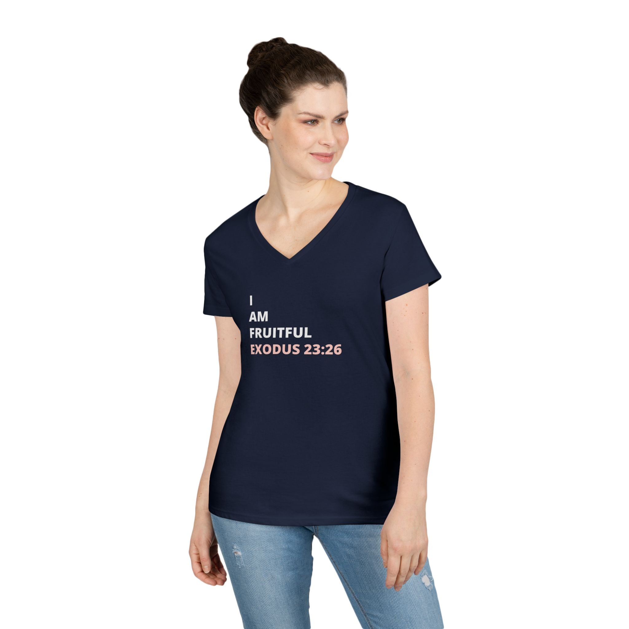 I Am Fruitful V-Neck T-Shirt – Christian Women’s Faith Tee (Exodus 23:26 Scripture)