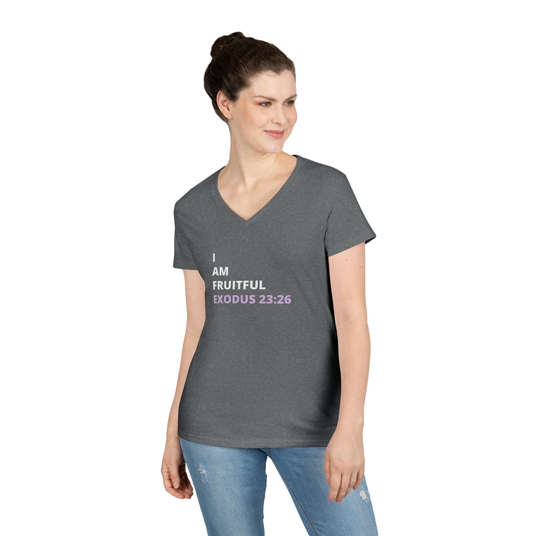 I Am Fruitful V-Neck T-Shirt – Christian Women’s Faith Tee (Exodus 23:26 Scripture)