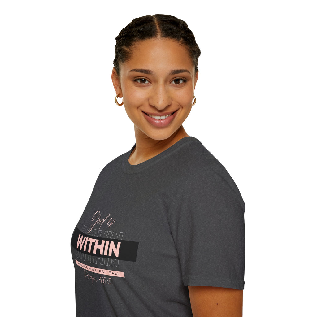 Christian T-Shirt – God Is Within Her (Psalm 46:5) – Inspirational Bible Verse Tee, Faith Apparel for Women