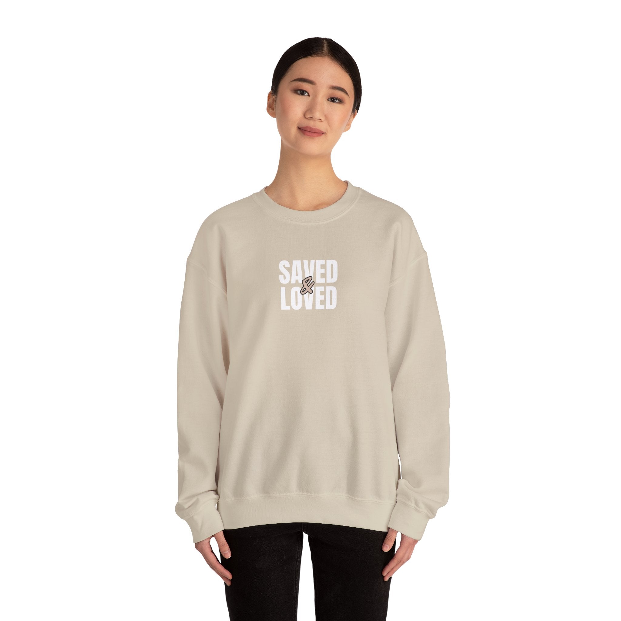 Saved & Loved Crewneck Sweatshirt — Psalm 91:16 Christian Faith Sweatshirt