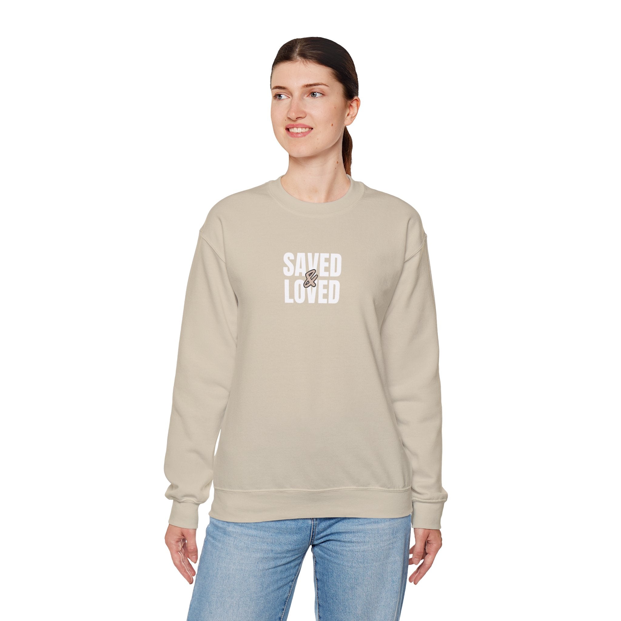 Saved & Loved Crewneck Sweatshirt — Psalm 91:16 Christian Faith Sweatshirt