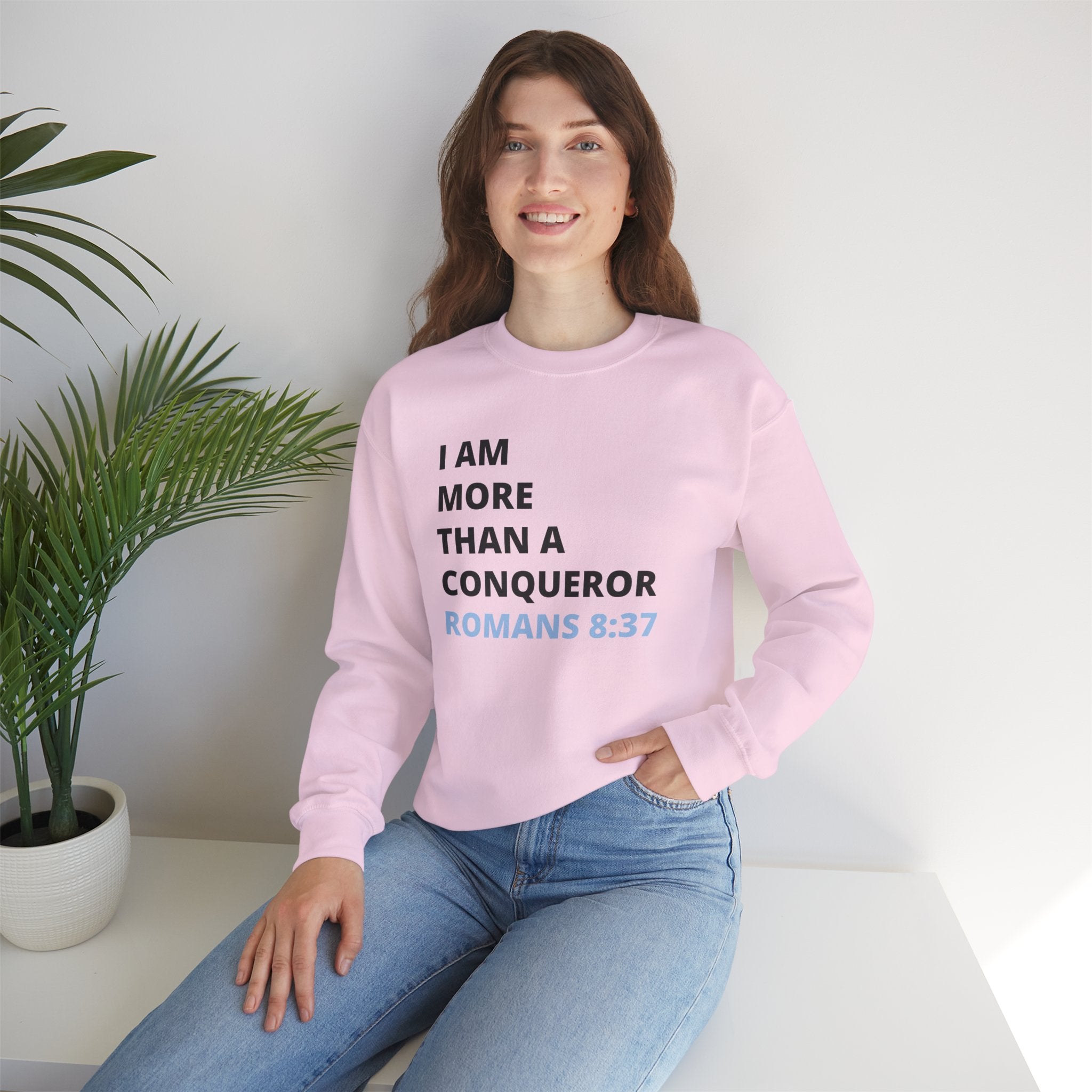 I Am More Than a Conqueror Sweatshirt – Romans 8:37 Christian Crewneck | Faith-Based Unisex Pullover