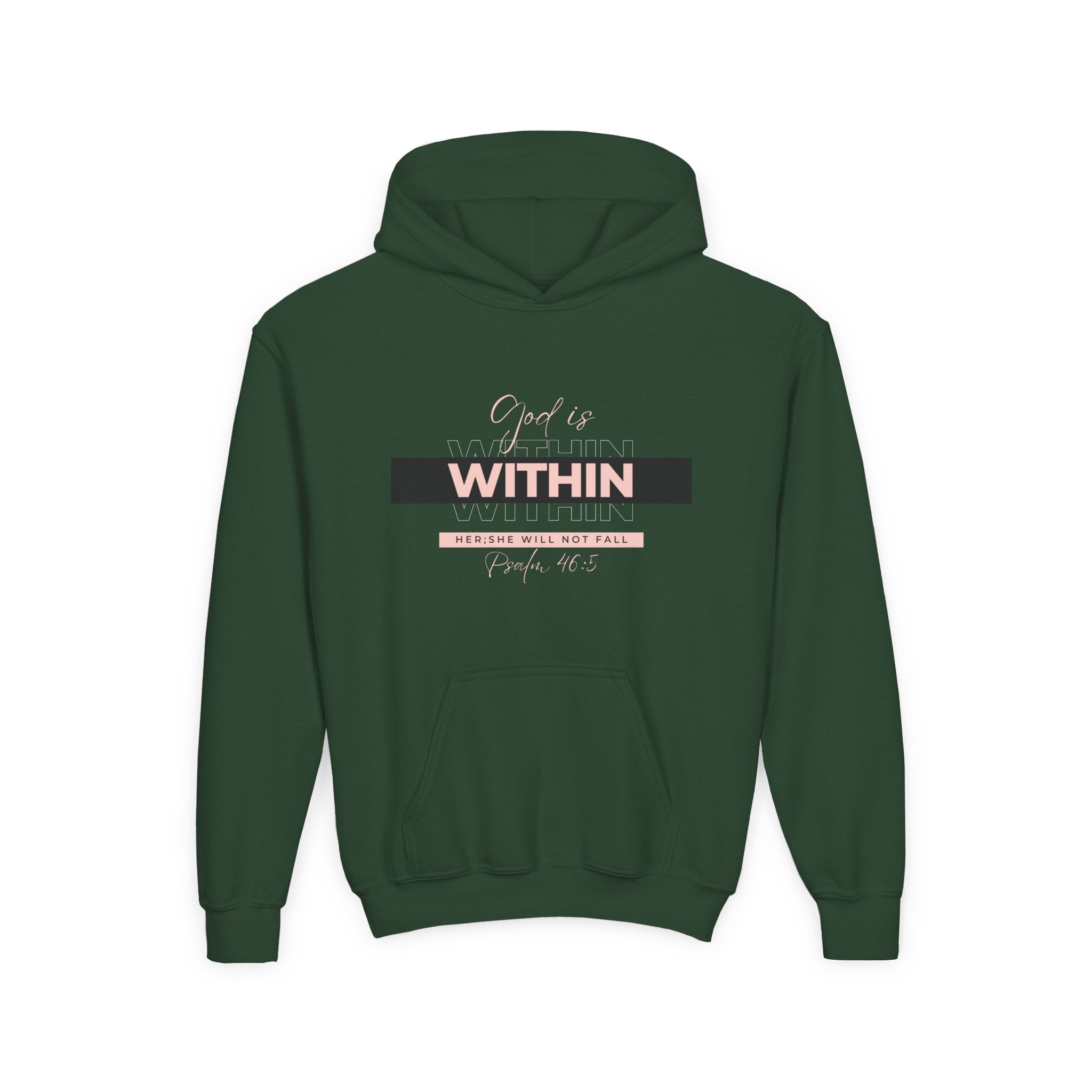 God Is Within Her Youth Hoodie — Psalm 46:5 Christian Hoodie for Girls | Inspirational Faith-Based Kids Pullover