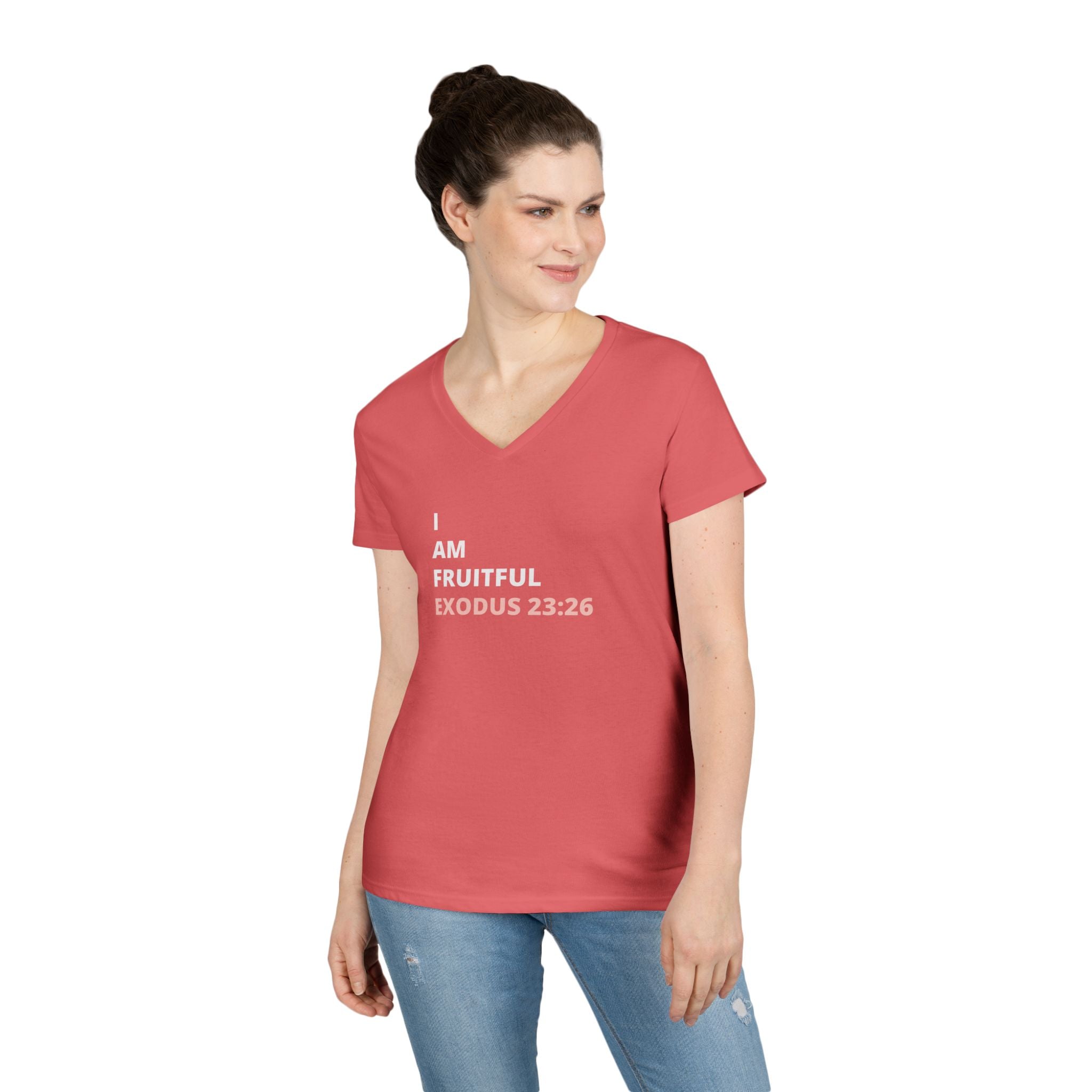 I Am Fruitful V-Neck T-Shirt – Christian Women’s Faith Tee (Exodus 23:26 Scripture)