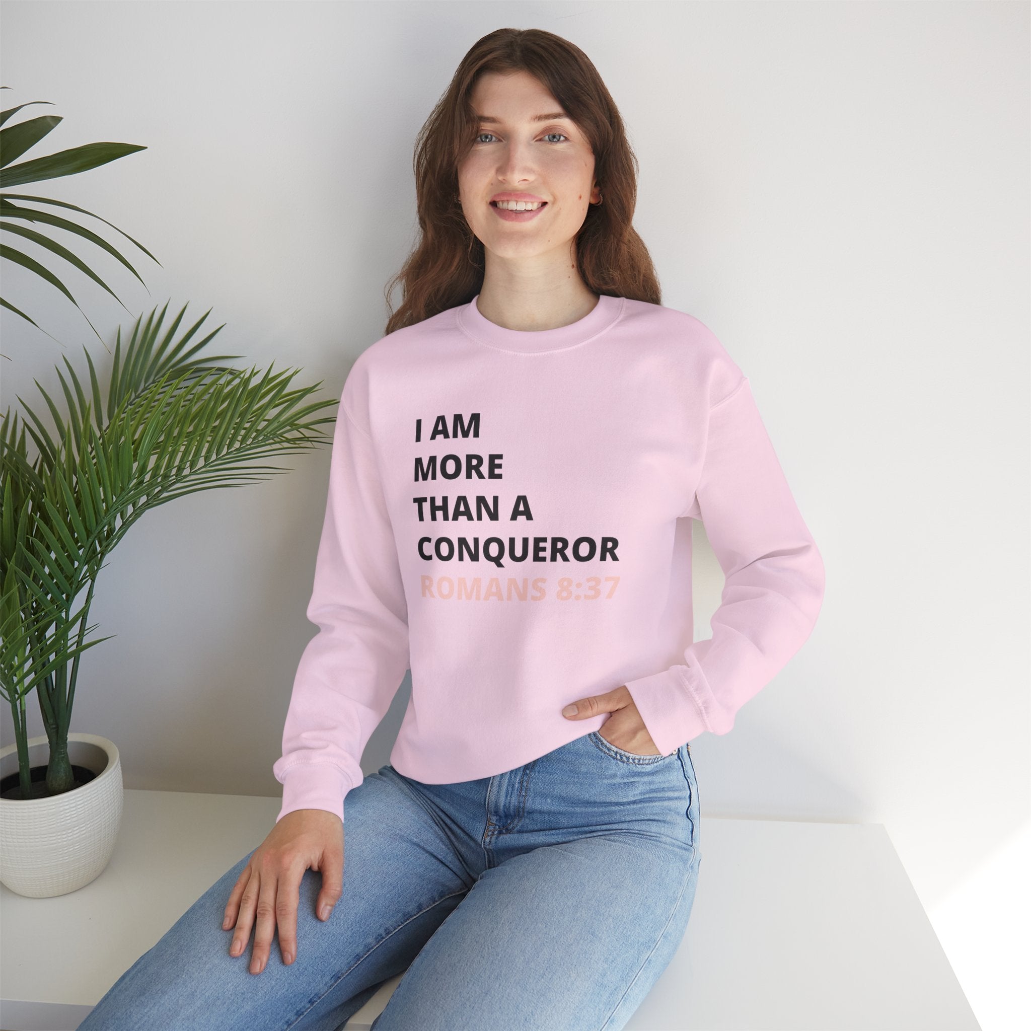 I Am More Than a Conqueror Sweatshirt — Romans 8:37 Christian Crewneck | Faith-Based Unisex Pullover | Inspirational Scripture Sweatshirt