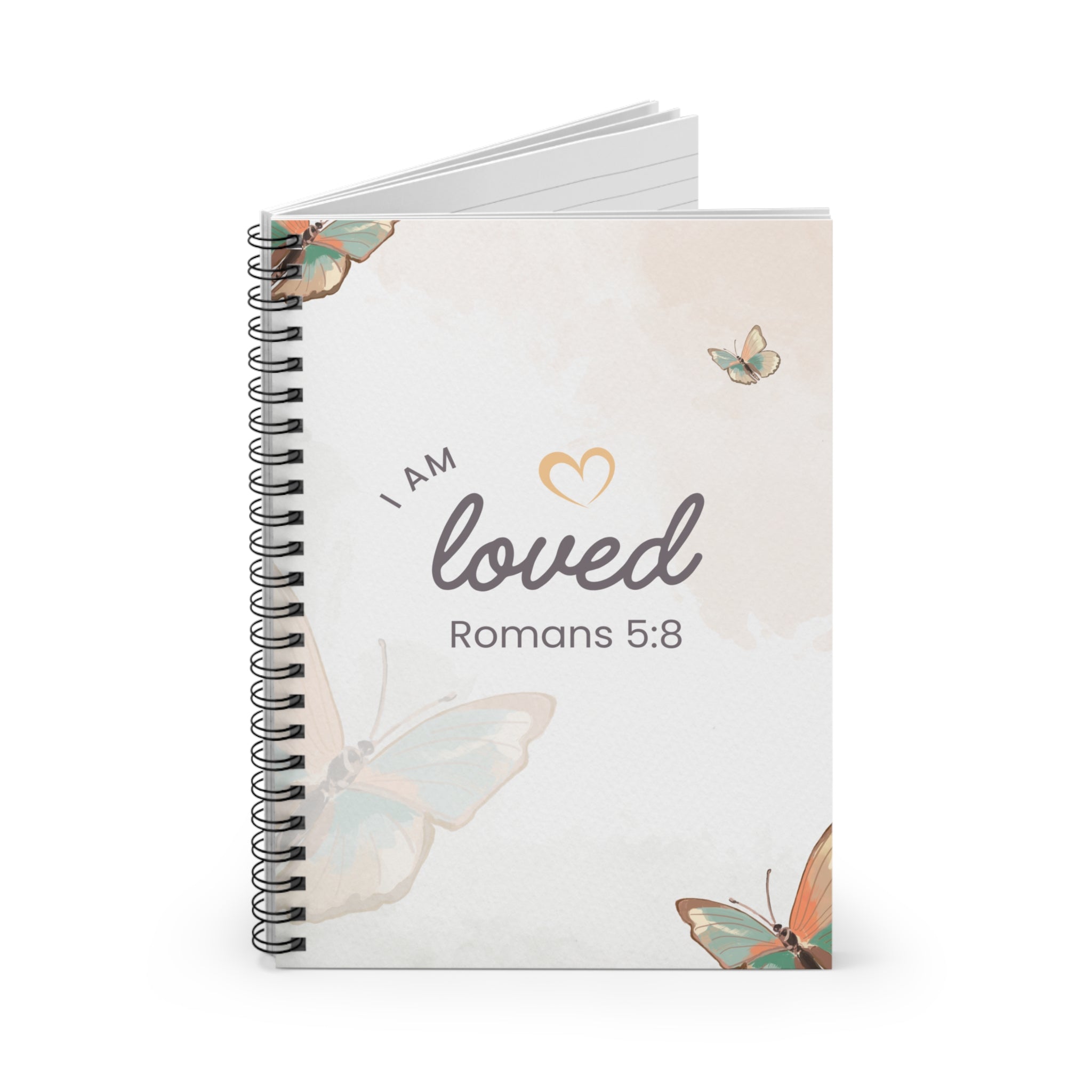 I Am Loved Romans 5:8 Spiral Notebook – Christian Prayer Journal with Butterfly Design