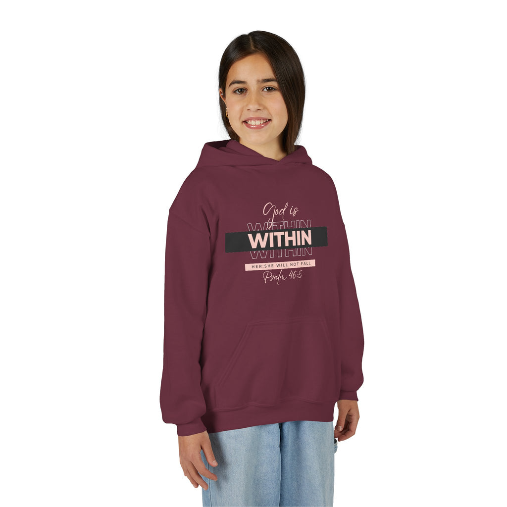 God Is Within Her Youth Hoodie — Psalm 46:5 Christian Hoodie for Girls | Inspirational Faith-Based Kids Pullover