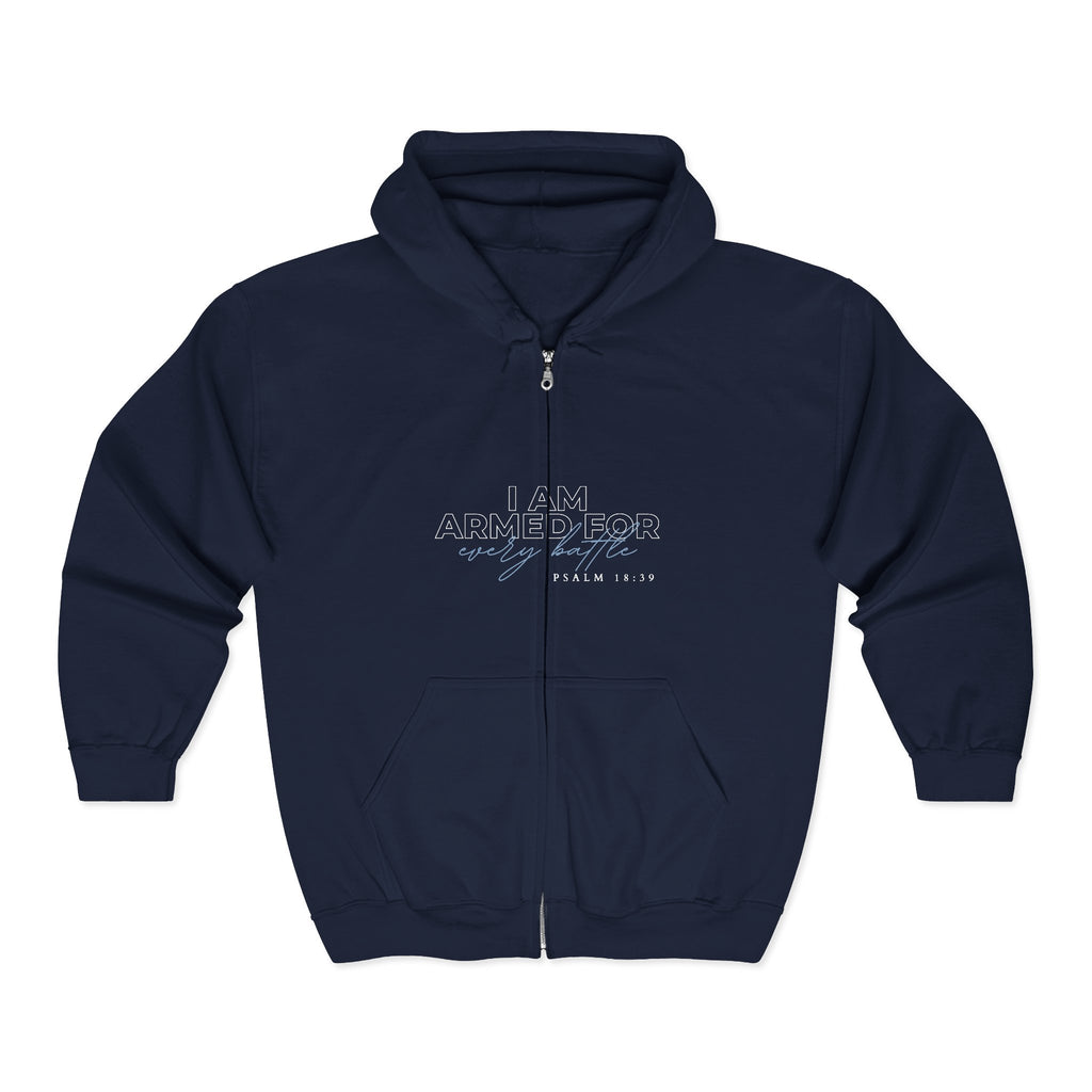 I Am Armed for Every Battle Hoodie — Psalm 18:39 Christian Full-Zip Scripture Hoodie