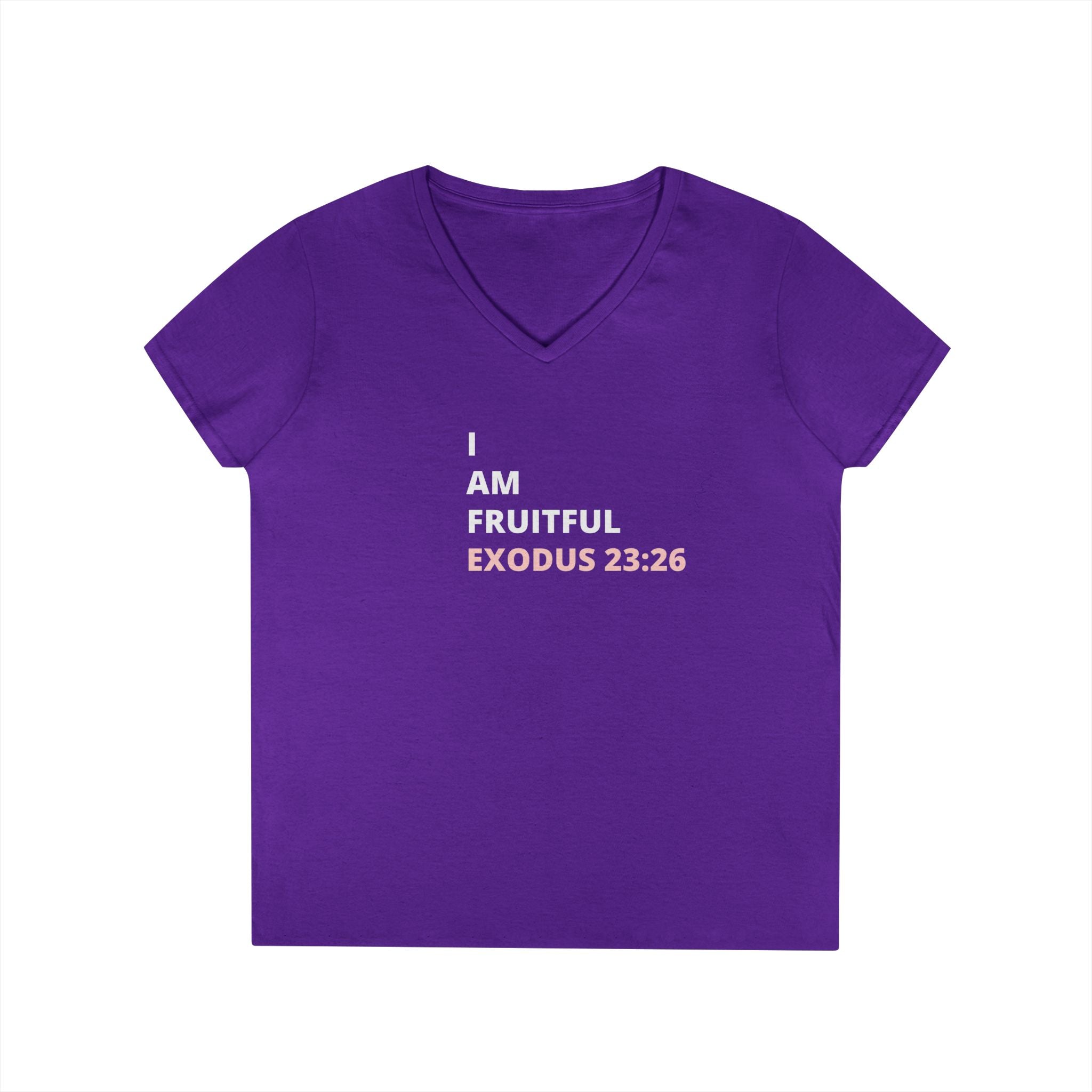 I Am Fruitful V-Neck T-Shirt – Christian Women’s Faith Tee (Exodus 23:26 Scripture)