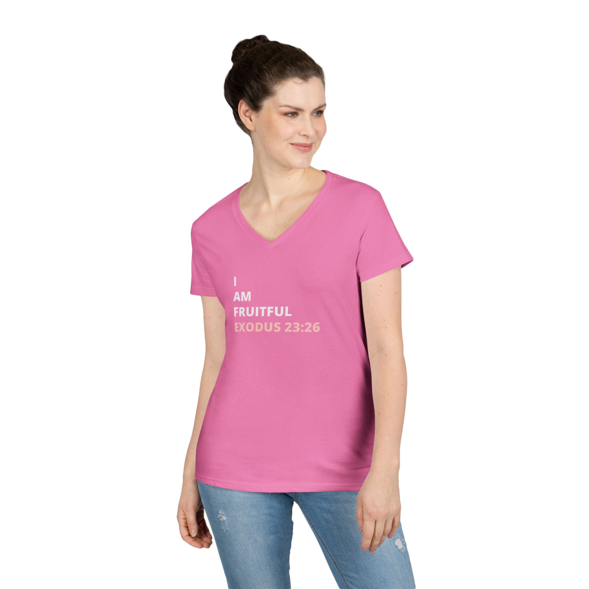 I Am Fruitful V-Neck T-Shirt – Christian Women’s Faith Tee (Exodus 23:26 Scripture)