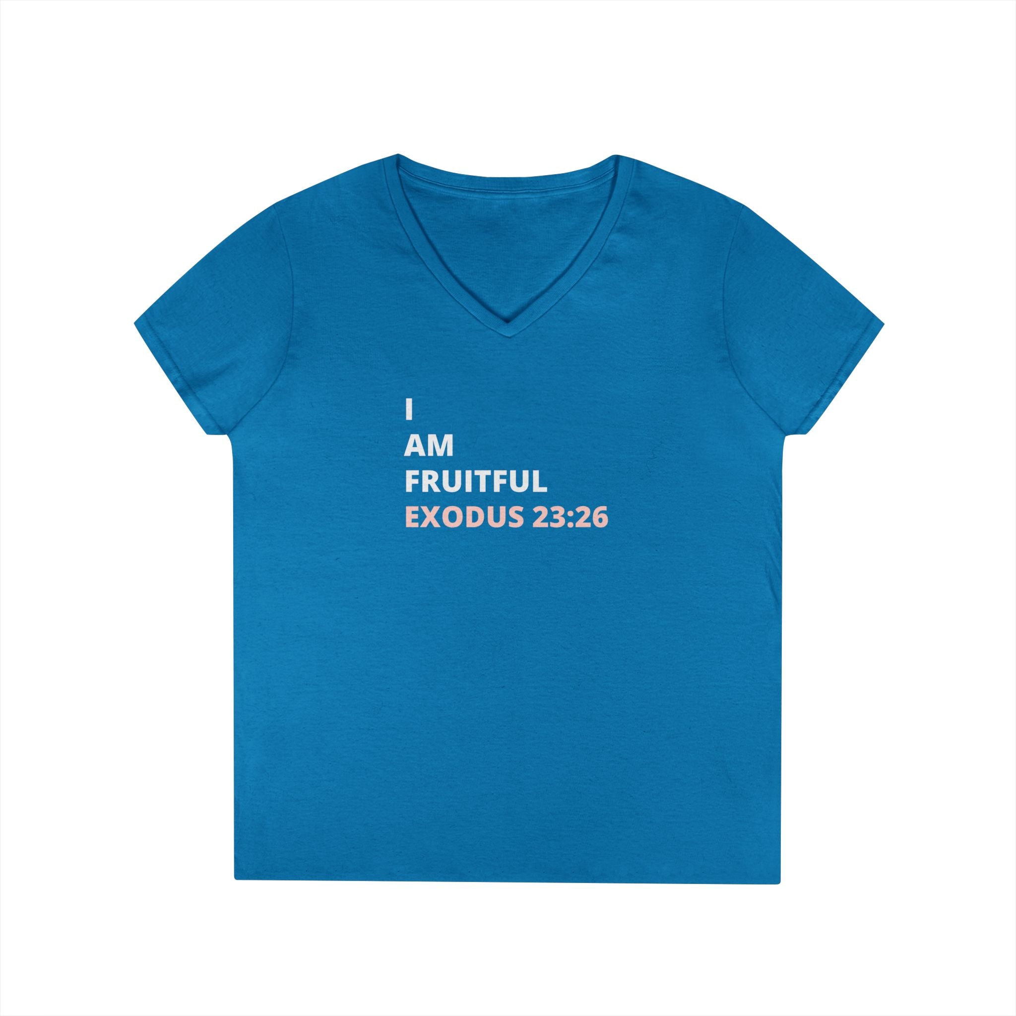 I Am Fruitful V-Neck T-Shirt – Christian Women’s Faith Tee (Exodus 23:26 Scripture)