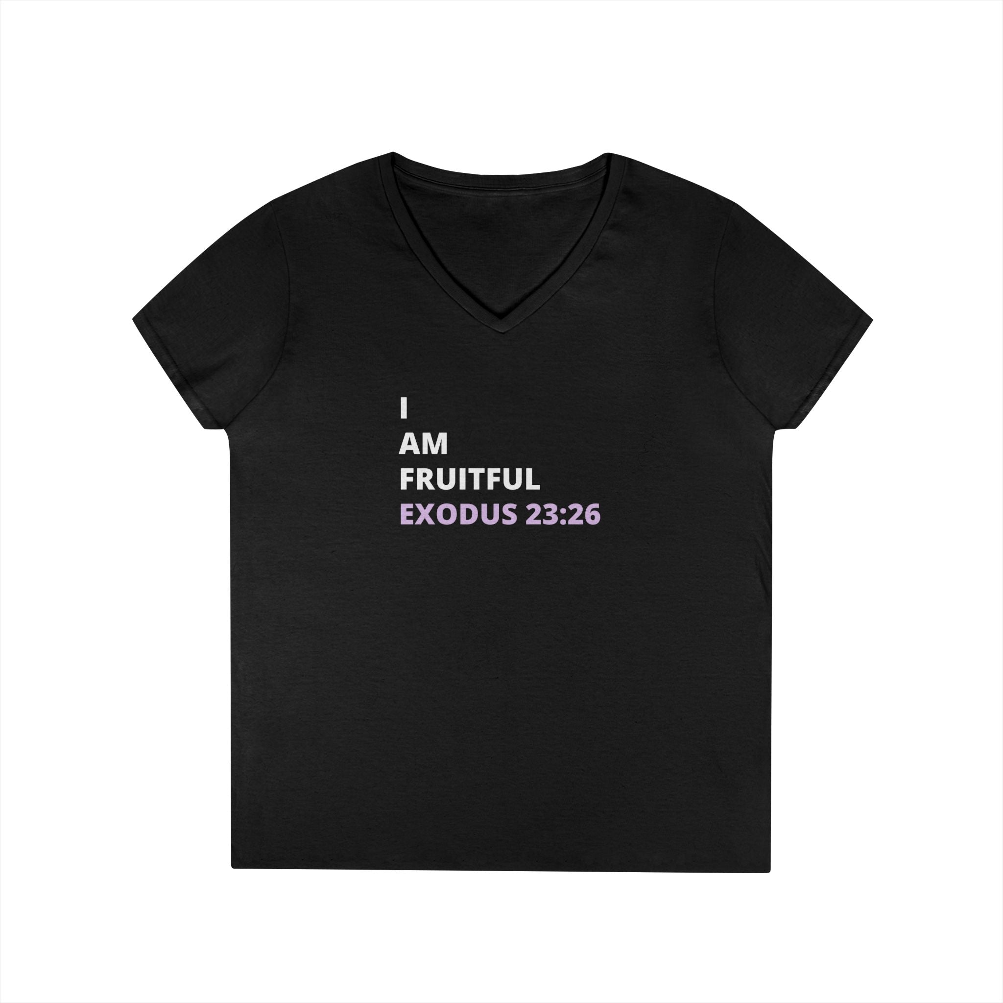 I Am Fruitful V-Neck T-Shirt – Christian Women’s Faith Tee (Exodus 23:26 Scripture)