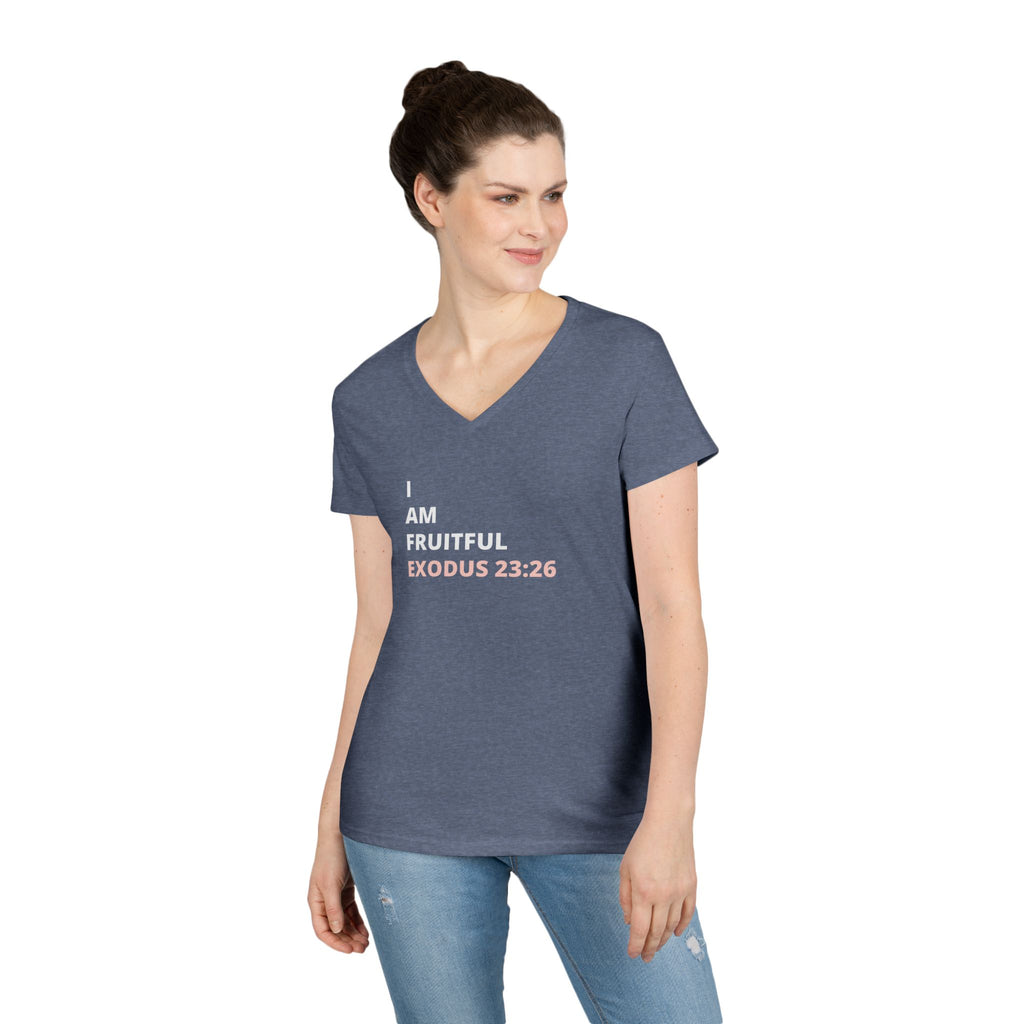 I Am Fruitful V-Neck T-Shirt – Christian Women’s Faith Tee (Exodus 23:26 Scripture)
