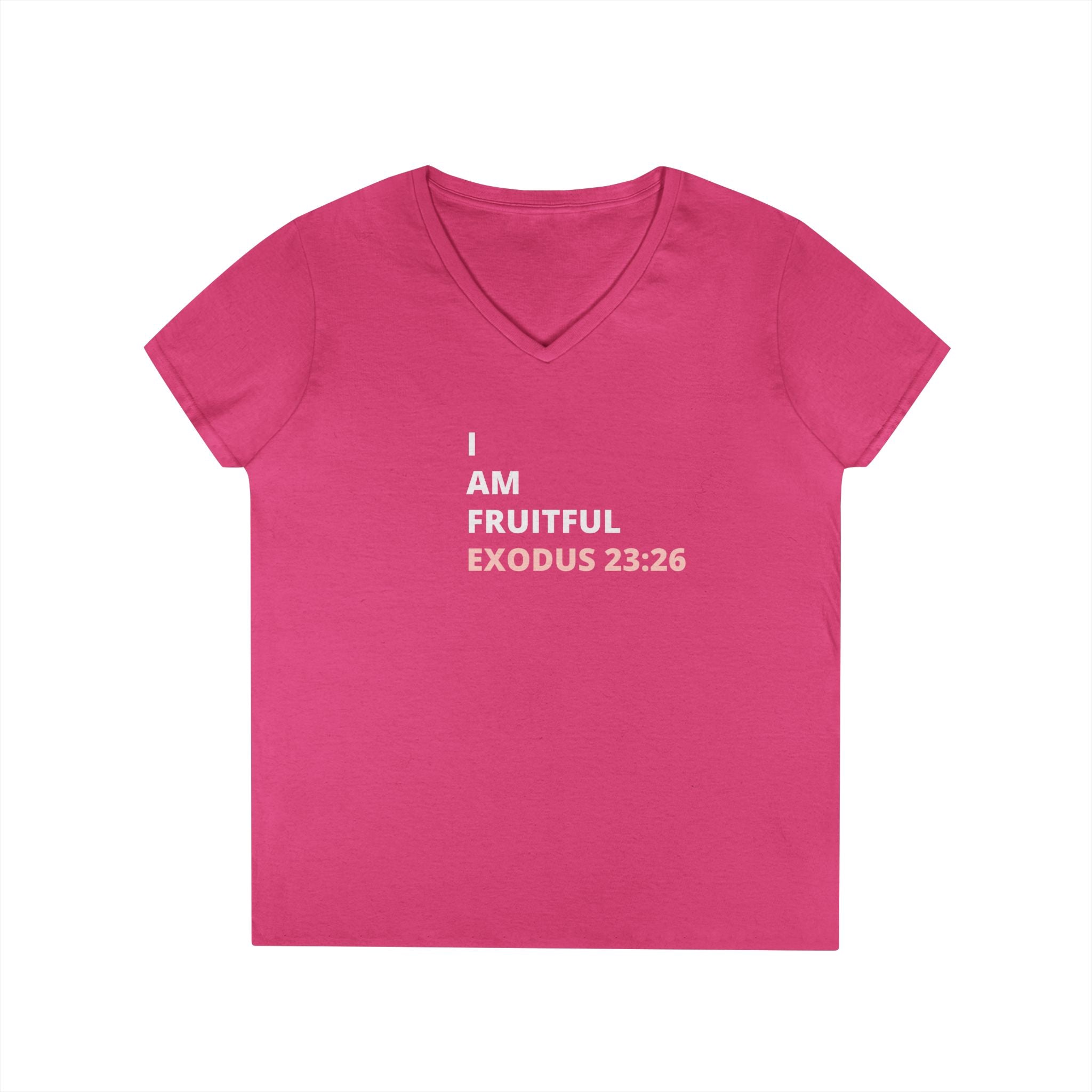 I Am Fruitful V-Neck T-Shirt – Christian Women’s Faith Tee (Exodus 23:26 Scripture)