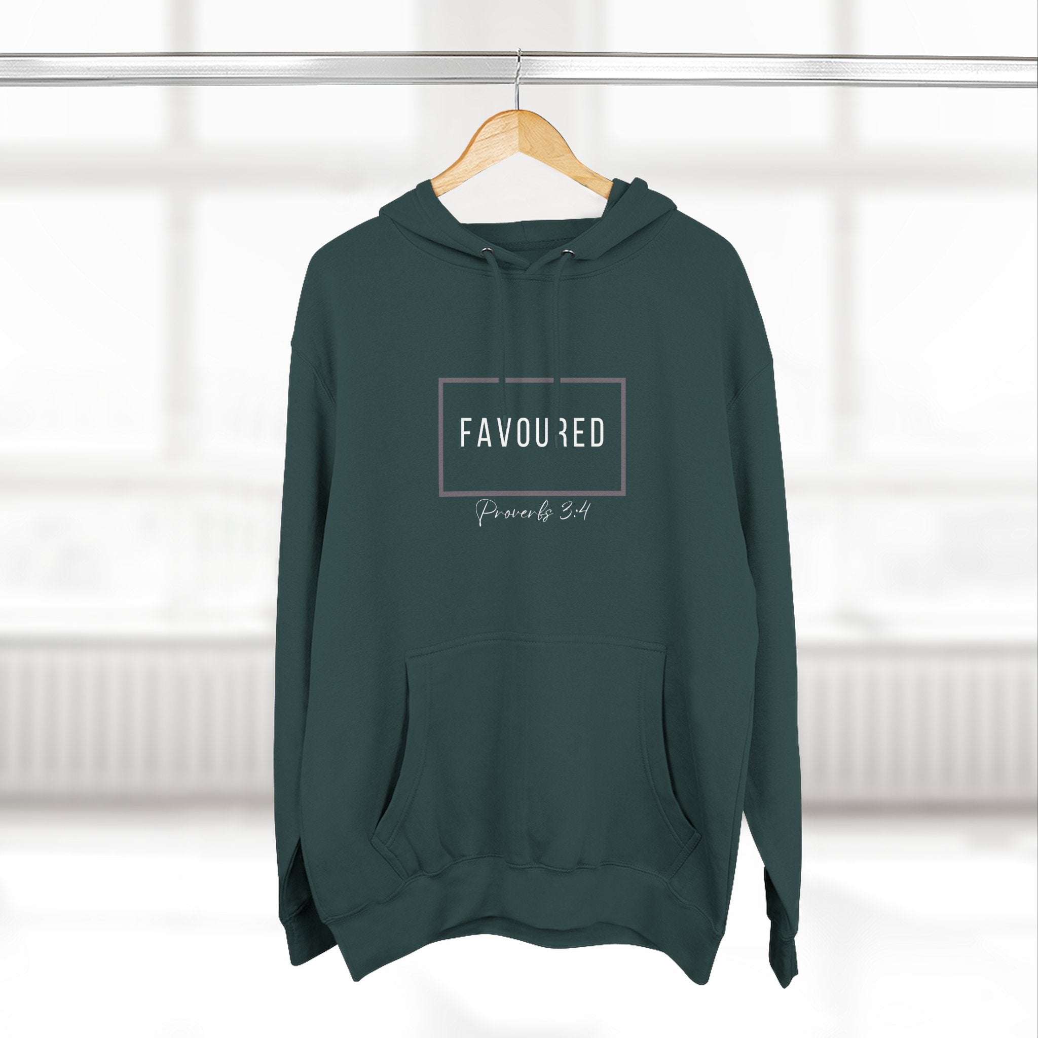 Favoured Christian Hoodie – Proverbs 3:4 Scripture Minimalist Hoodie | Faith-Based Unisex Fleece Pullover