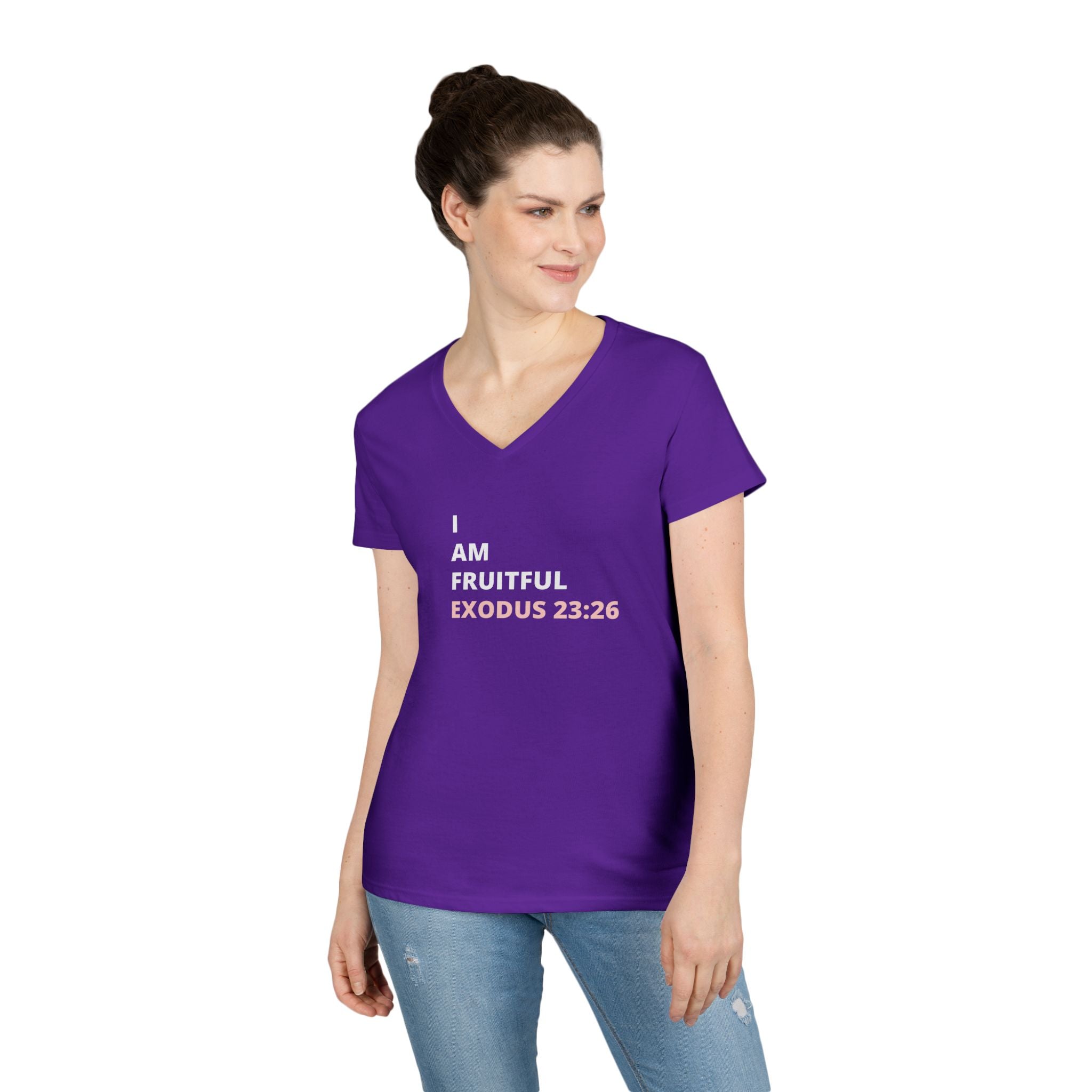 I Am Fruitful V-Neck T-Shirt – Christian Women’s Faith Tee (Exodus 23:26 Scripture)