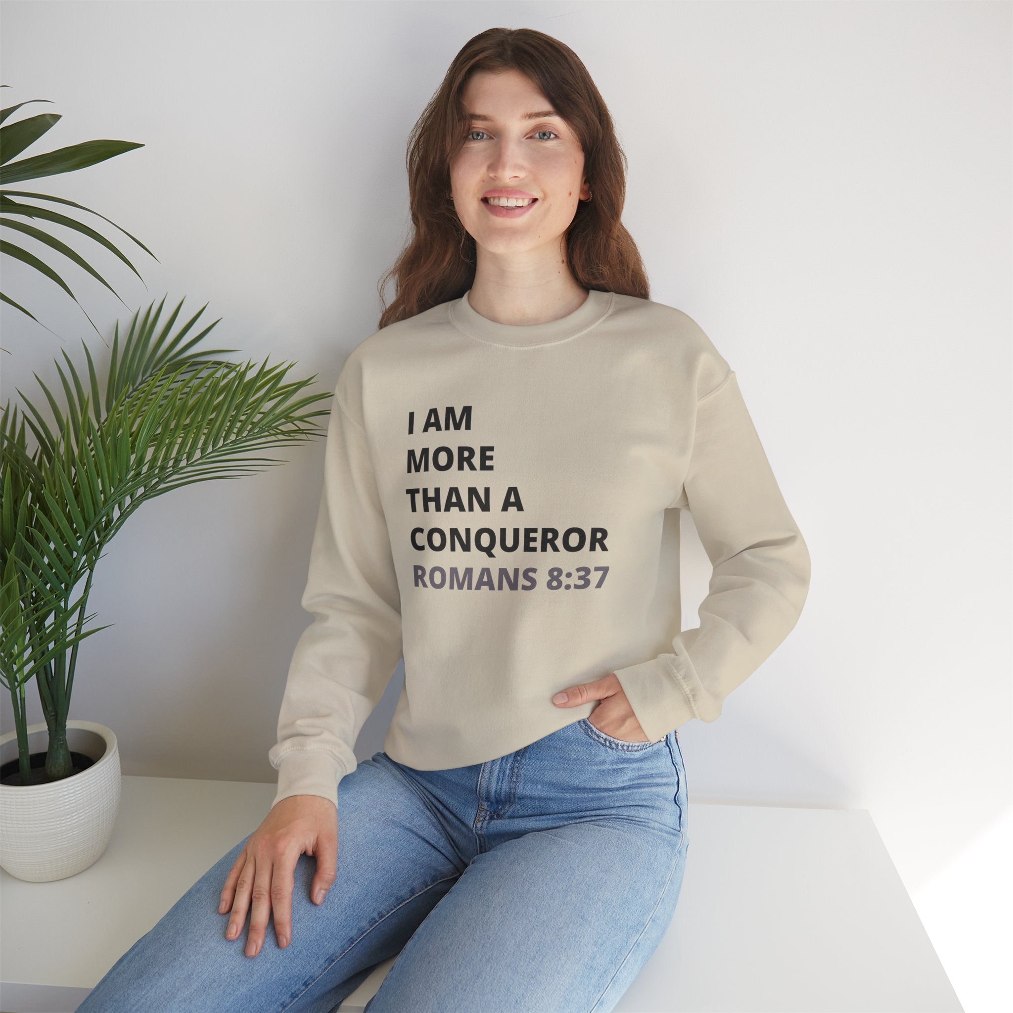 I Am More Than a Conqueror Sweatshirt — Romans 8:37 Christian Crewneck | Faith-Based Unisex Pullover | Inspirational Scripture Sweatshirt