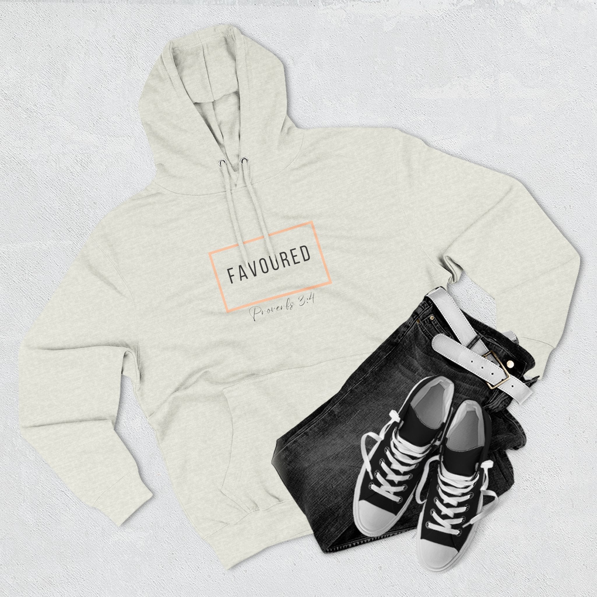 Favoured Christian Hoodie – Proverbs 3:4 Scripture Minimalist Hoodie | Faith-Based Unisex Fleece Pullover