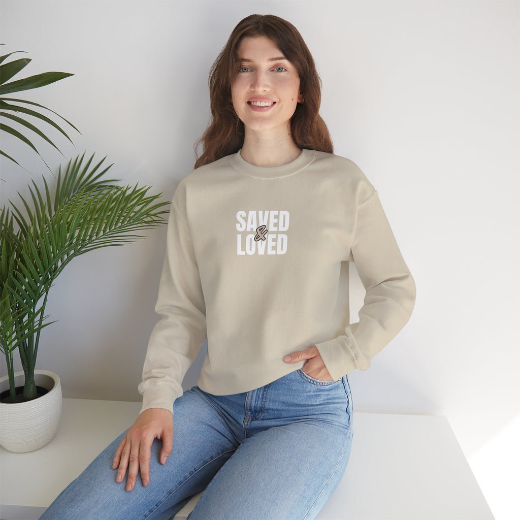 Saved & Loved Crewneck Sweatshirt — Psalm 91:16 Christian Faith Sweatshirt